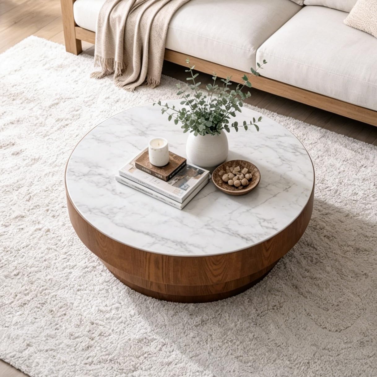 WILLIAMSPACE 31.5' Round Coffee Table with Sintered Stone Top & Wood Veneer Tiered Base, Modern Drum Marble Center Table for Living Room, Accent Tea Table for Apartment, 15.35' H (White+Wood)