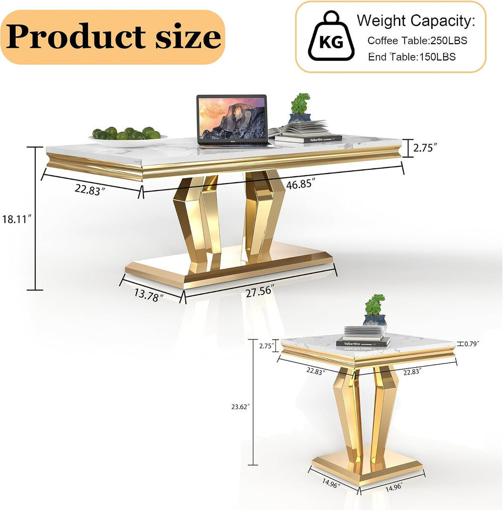 Living Room Coffee Table Set of 3, Modern Marble Coffee Table and 2 End Side Tables, 3-Piece Living Room Table Set with Stainless Steel Base for Living Room (Gold,White)