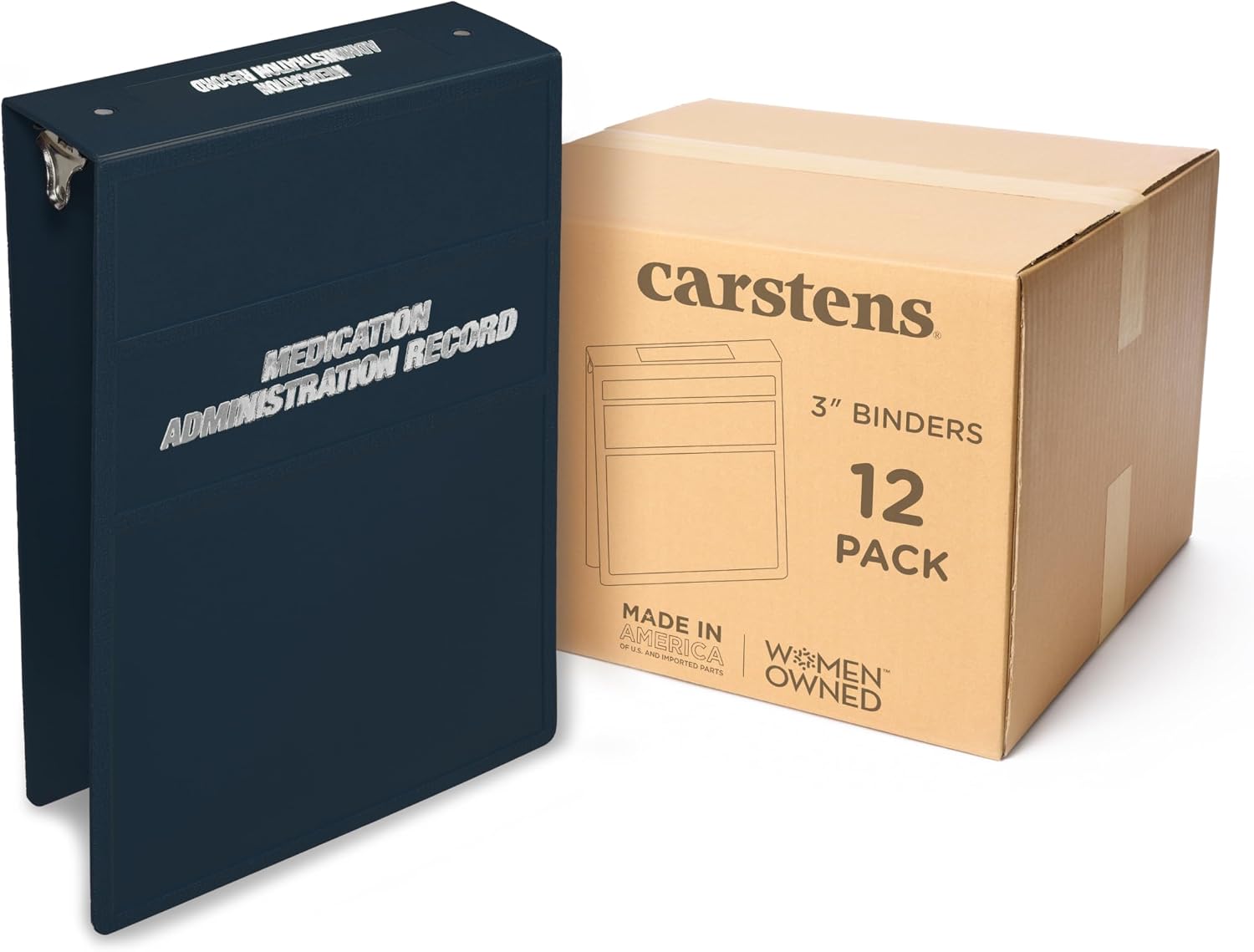 Carstens 3-Inch Heavy Duty Round Ring Binder for Medication Administration Records – Top Opening, Navy Blue, Case of 12, Durable Plastic, No Pockets, Holds 400 Letter Sheets, Made in USA (1796-3RCS)
