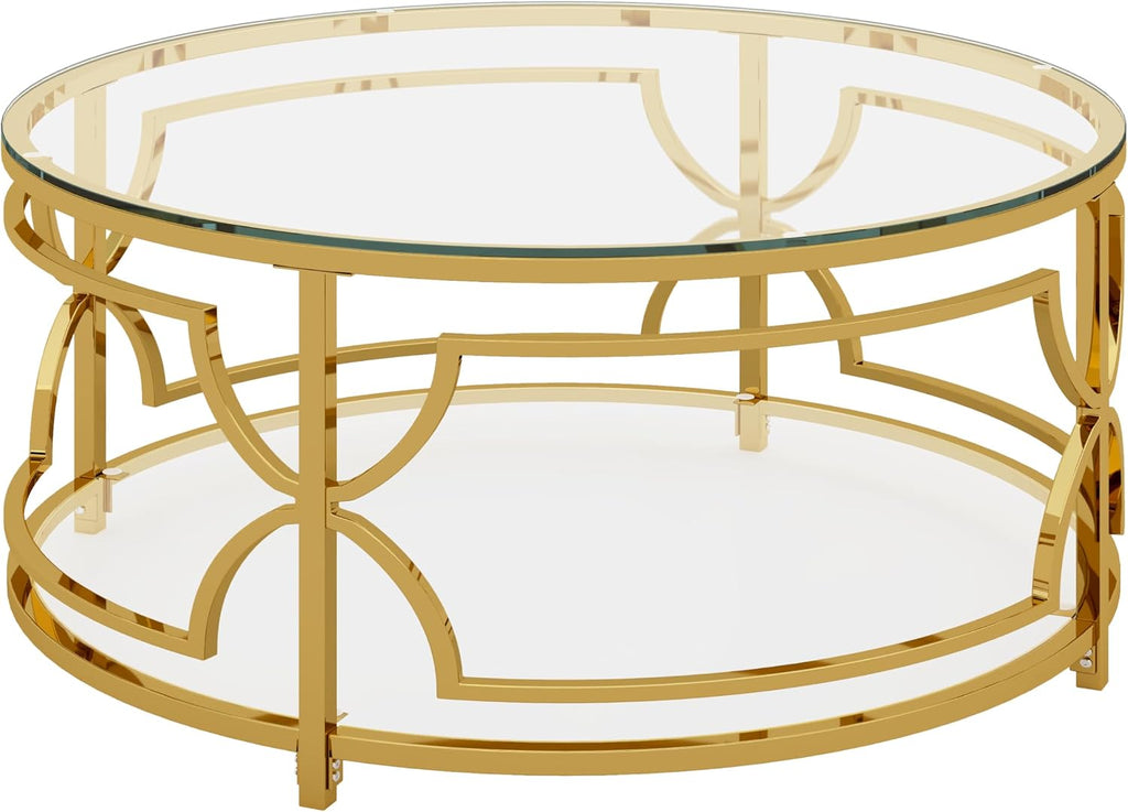 Merax 30.7' Round Tempered Glass Coffee Table, Luxurious Gold Geometric Metal Frame Side Table with Lower Storage Shelf, Modern Accent End Tables for Living Room, Bedroom, Apartment, Transparent