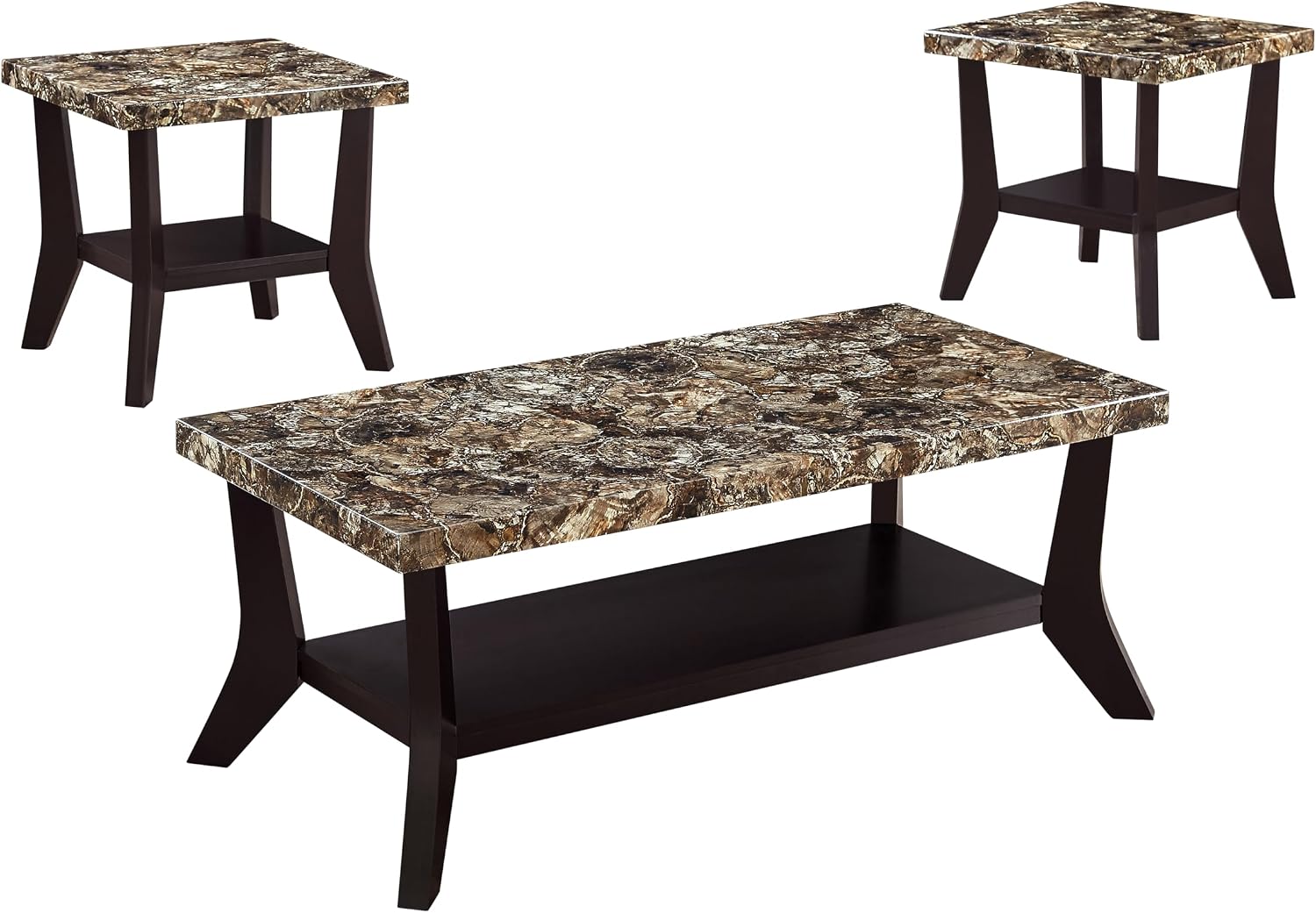 Faux Marble Coffee Table 3-Piece Set Rectangular Coffee Table with Two Matching End Tables MDF Wooden Base Built-in Storage Shelves Contemporary Brown for Living Room