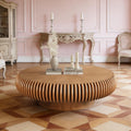 39.37' Round Fluted Coffee Table Unique Contemporary Wood Low Circle Drum Tea Tables with Sturdy Pedestal for Small Space (D Brown 39.37in)