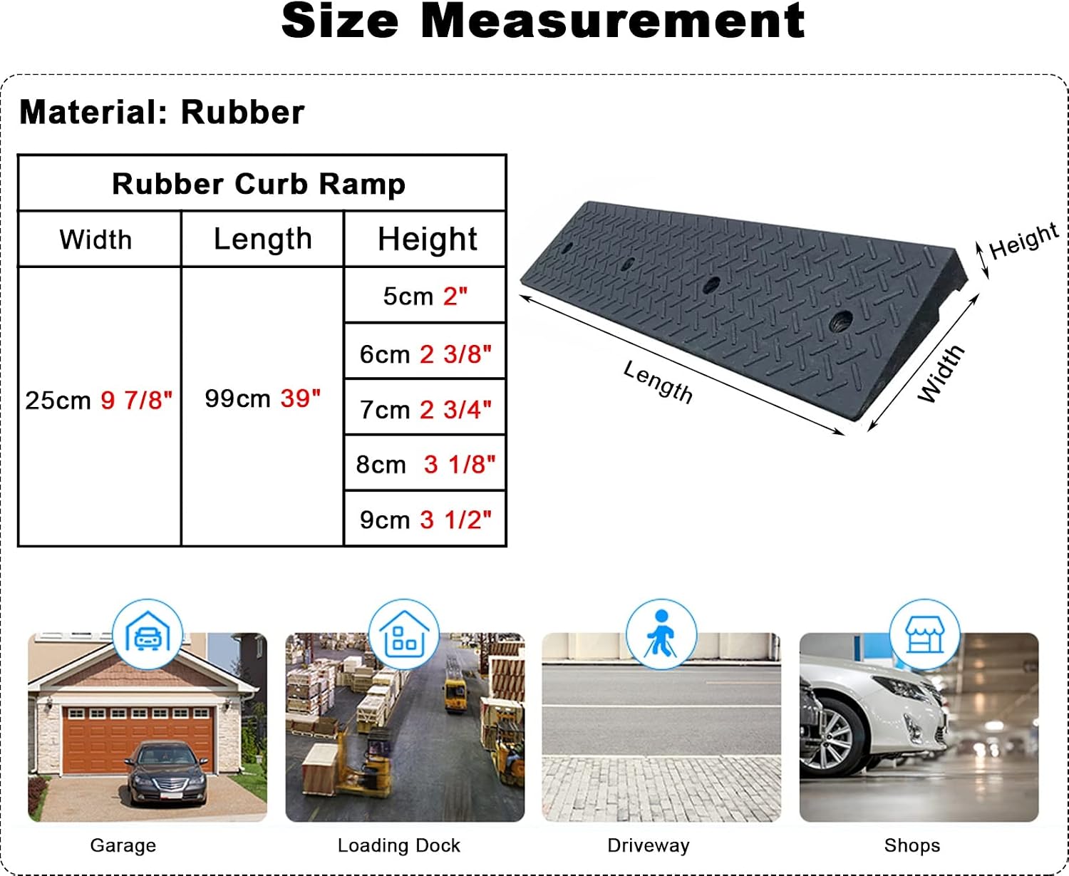 Heavy-Duty Driveway Ramp, 2'/2.3'/2.7'/3'/3.5' Rise Height Sidewalk Threshold/Kerb Ramps Kit, Car Garage Bathroom Stable Walker Ramp(6cm(2 3/8'))