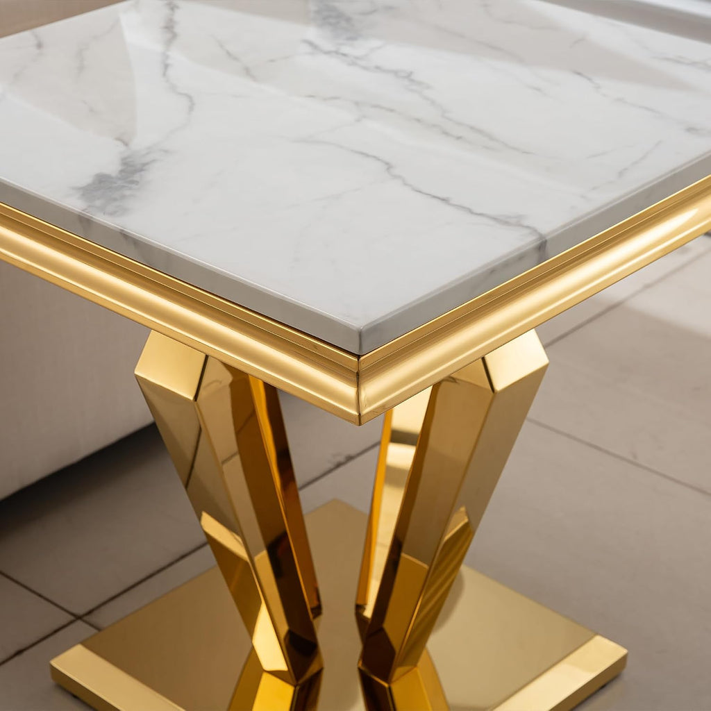 3 Piece Living Room Table Set, Modern Faux Marble Coffee Table and 2 End Tables Set for Living Room Apartment, Mirrored Stainless Steel Base, Imitation Marble Tabletop (White & Gold)