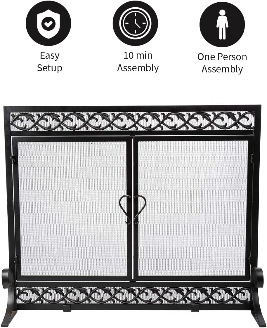 Plow & Hearth Metal Fireplace Screen Scrollwork Black | 38' W x 31' H | Dual Magnetic Hinged Doors | Spark Guard Cover | Stand Alone Wrought Iron Panel Fire Place Cover