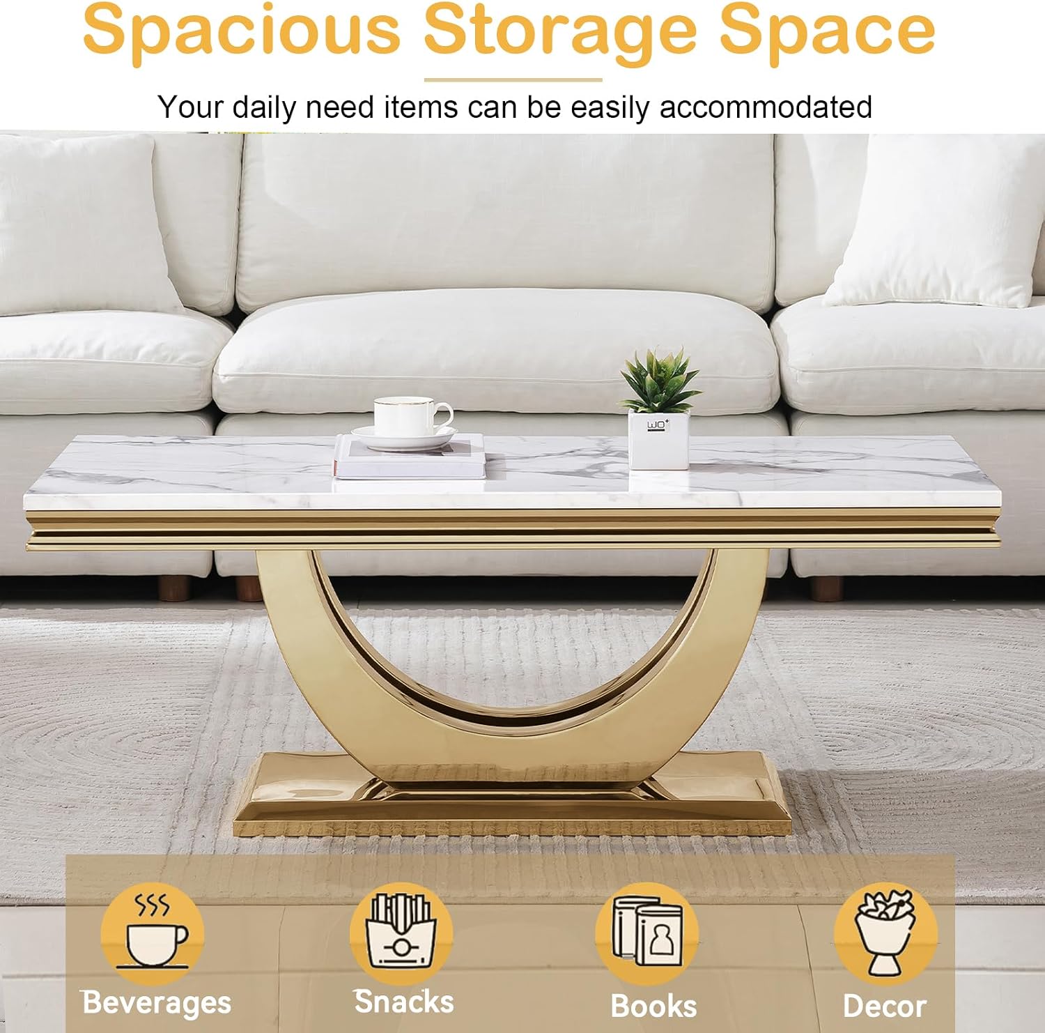 Modern Marble Coffee Table, 47' Rectangular White Coffee Tables with Gold Stainless Steel U-Shaped Base, Faux Marble Center Table Cocktail Tea Tables for Living Room Office Apartment