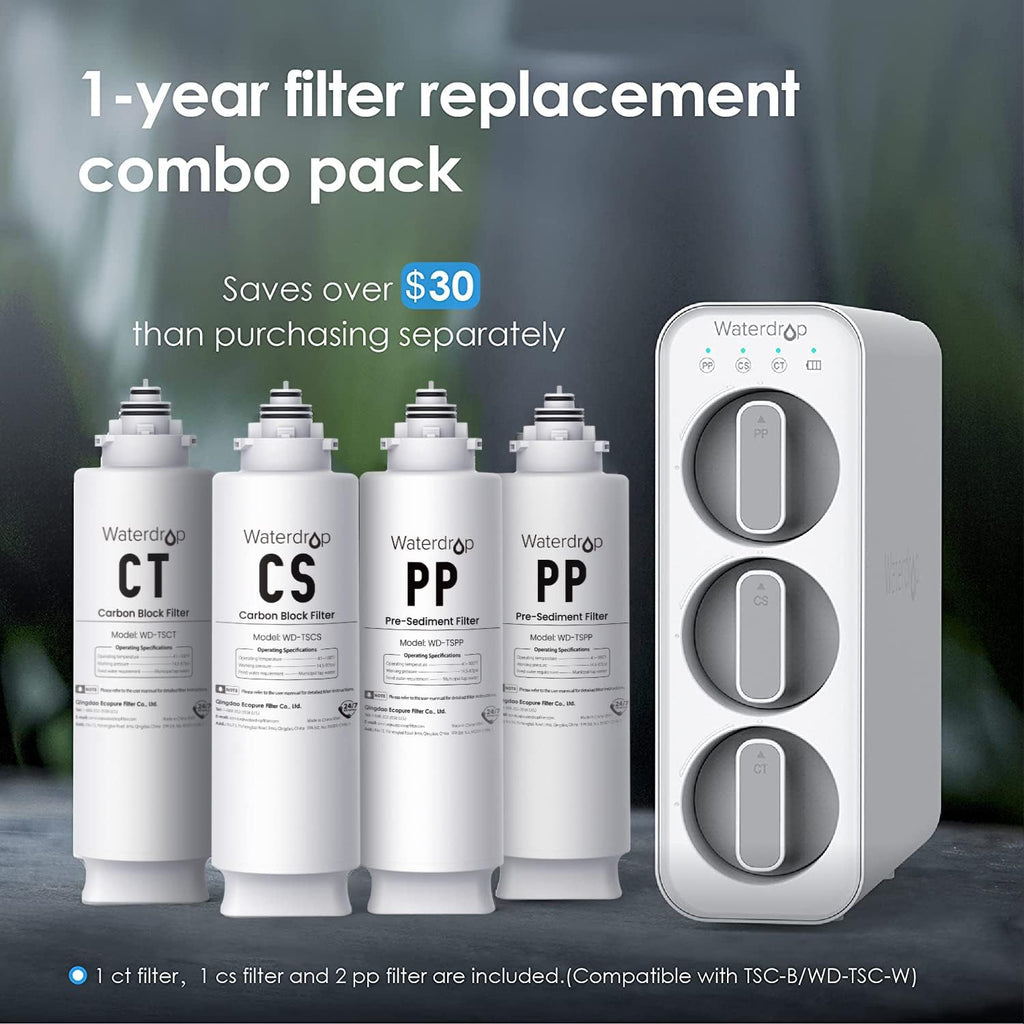 Waterdrop TSC Under Sink Water Filter Replacement, 1-Year Replacement Pack, 4-Pack (2 x TSPP, 1 x TSCS, 1 x TSCT), for Waterdrop TSC Under Sink Water Filtration System