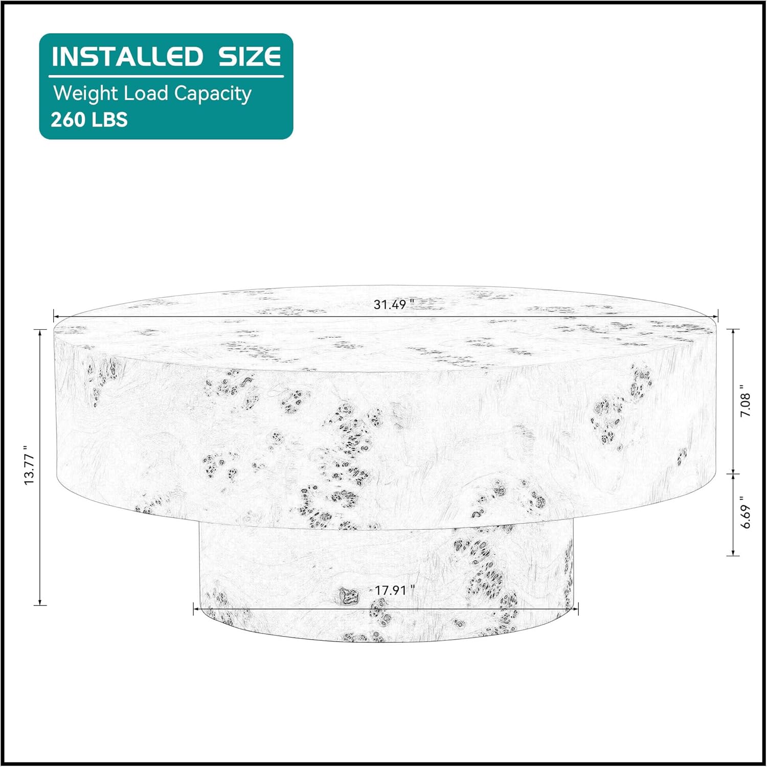 31.49'' Round Coffee Table Modern Wood Coffee Table for Living Room, Contemporary Circle Drum Pedestal Style, Burl Wood Veneer, Easy Assembly, Walnut