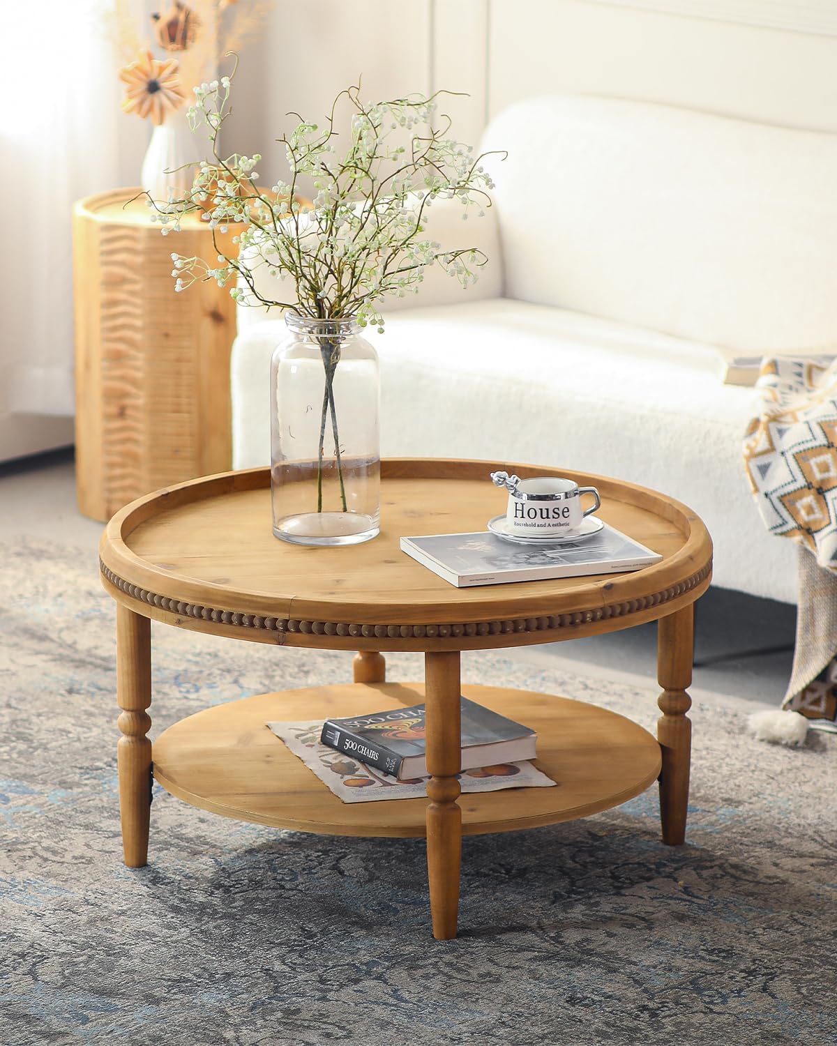 31.3'' Round Boho Coffee Table for Living Room, Modern Countryside Farmhouse Rustic Wood 2-Tier Coffee Table, Walnut Brown