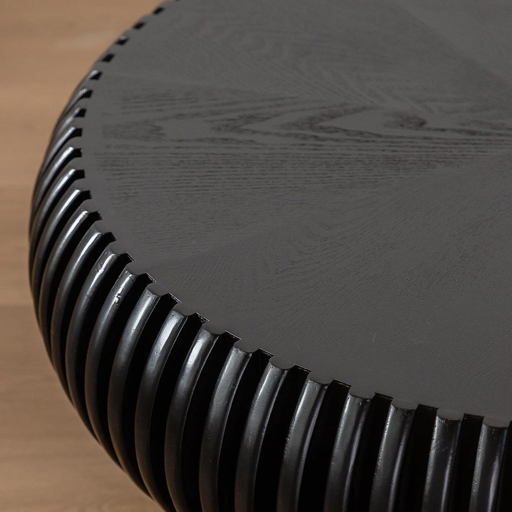 Round Coffee Table for Living Room Modern Black Fluted Coffee Table Round Drum Coffee Tables Low Circle Pedestal Center Table for Small Spaces (A Black, 31.4 in)