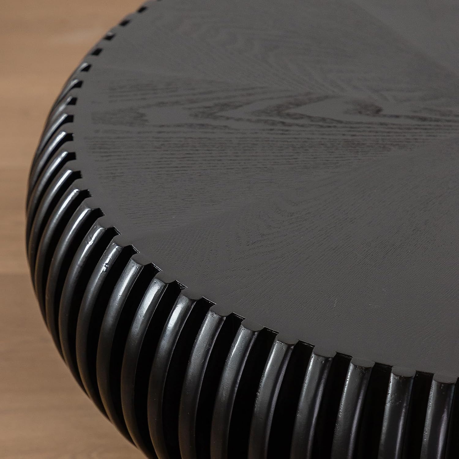 Round Coffee Table for Living Room Modern Black Fluted Coffee Table Round Drum Coffee Tables Low Circle Pedestal Center Table for Small Spaces (A Black, 31.4 in)