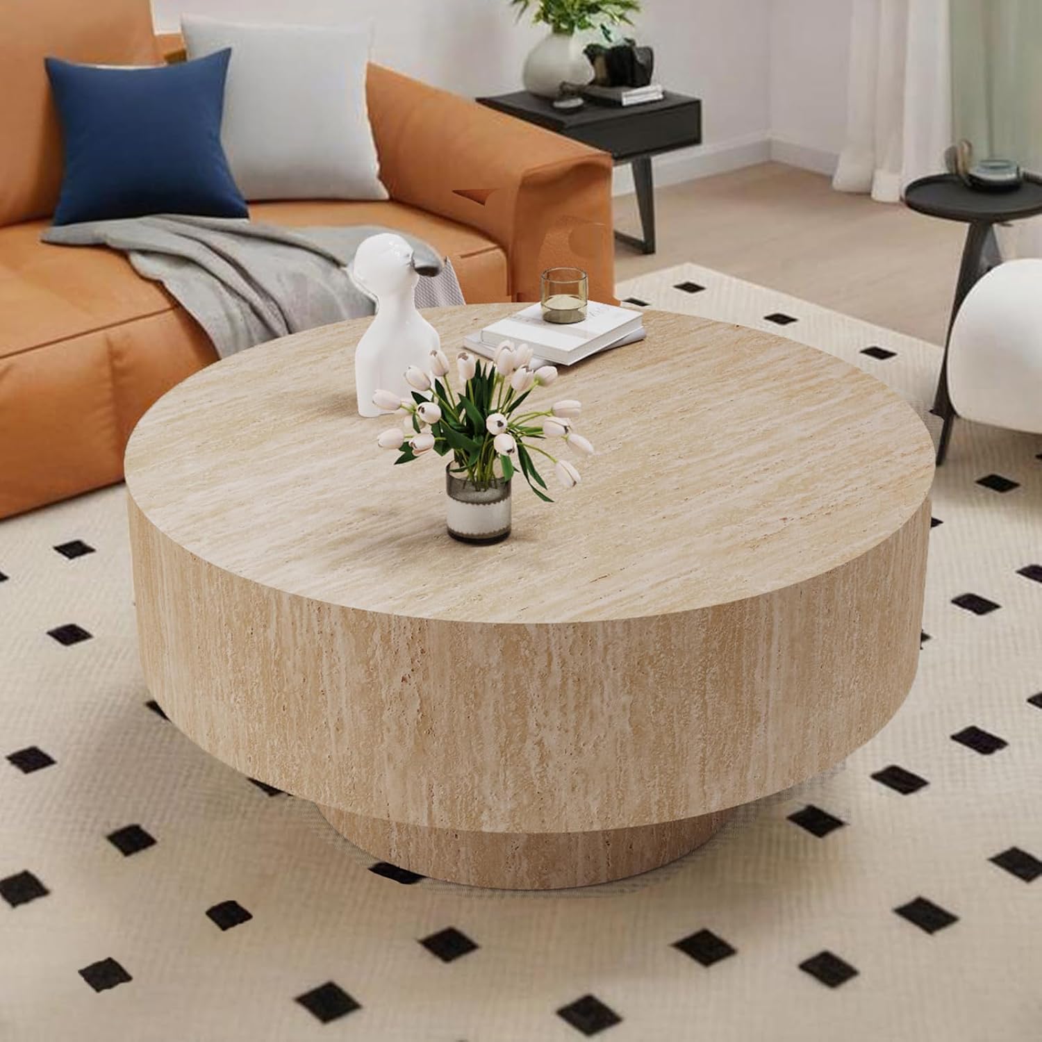 Round Travertine Coffee Table, with Large Tabletop & Base, Mid Century Rustic Circle Wood Center Table for Living Room Farmhouse Apartment, Easy Assembly (A)