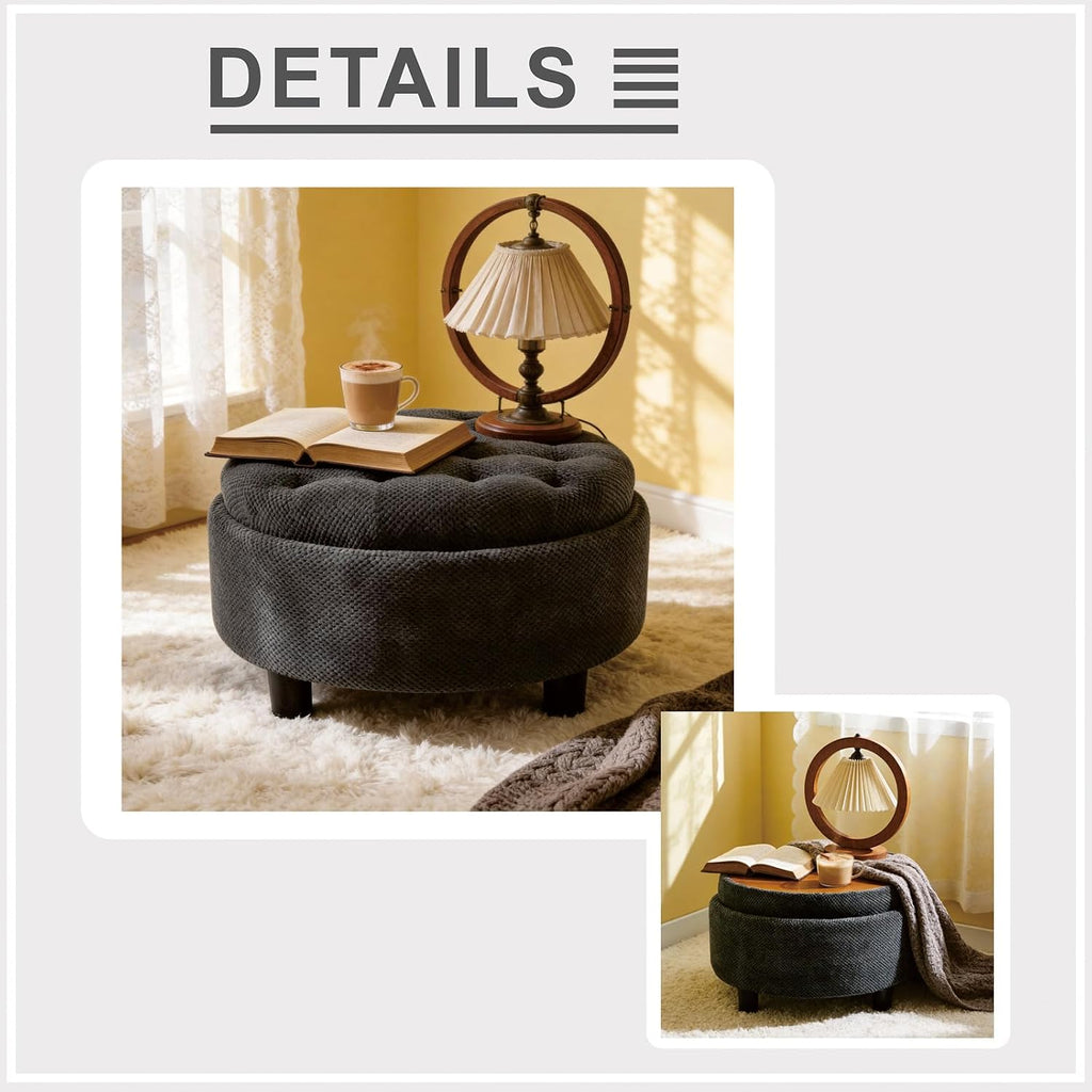 Round Storage Ottoman with Reversible Tray Lid, 25' Upholstered Button Tufted Coffee Table with Storage Foot Rest Stool for Living Room, Bedroom, Entryway, Dark Grey