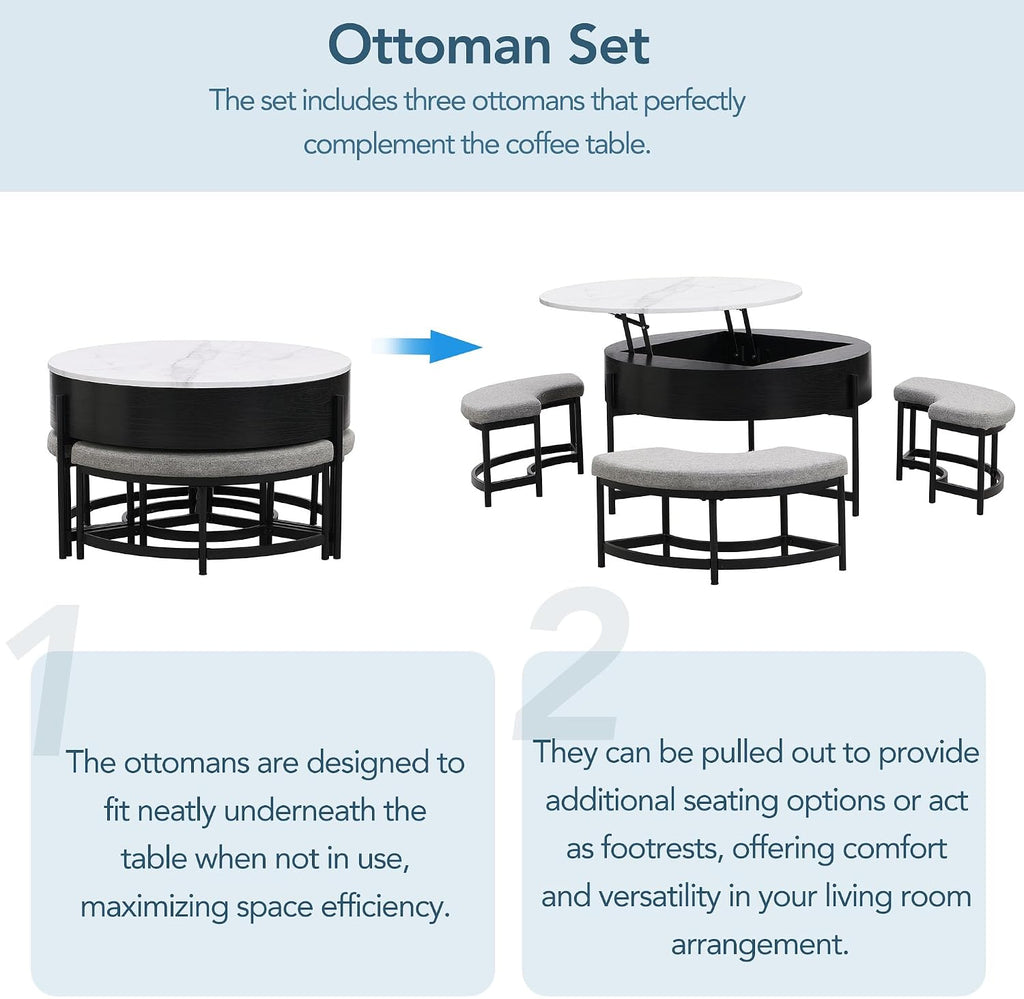 31.5' Modern Round Lift-Top Coffee Table with Storage & 3 Ottoman,White & Black