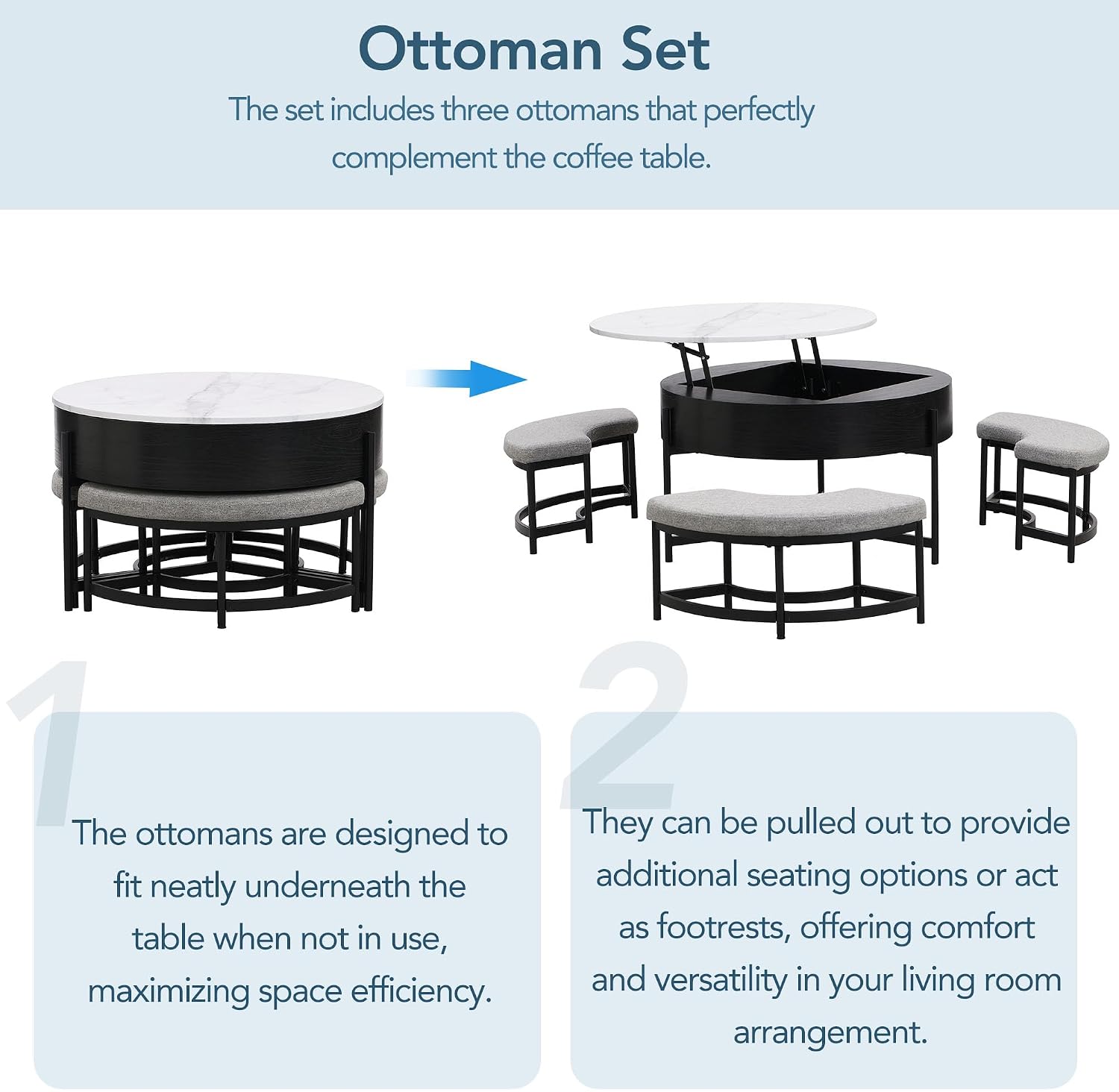 31.5' Modern Round Lift-Top Coffee Table with Storage & 3 Ottoman,White & Black