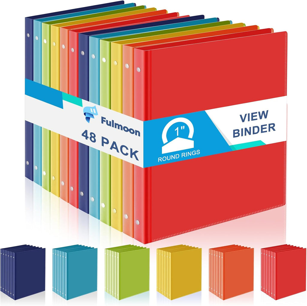 Fulmoon 48 Pack 3 Ring Plastic Binders 1 Inch Bulk with 2 Pockets, Flexible Binder Loose Leaf Hardcover, Fit 12' x 10' US Letter Size Paper, for School Office Home, 6 Colors(Vibrant)
