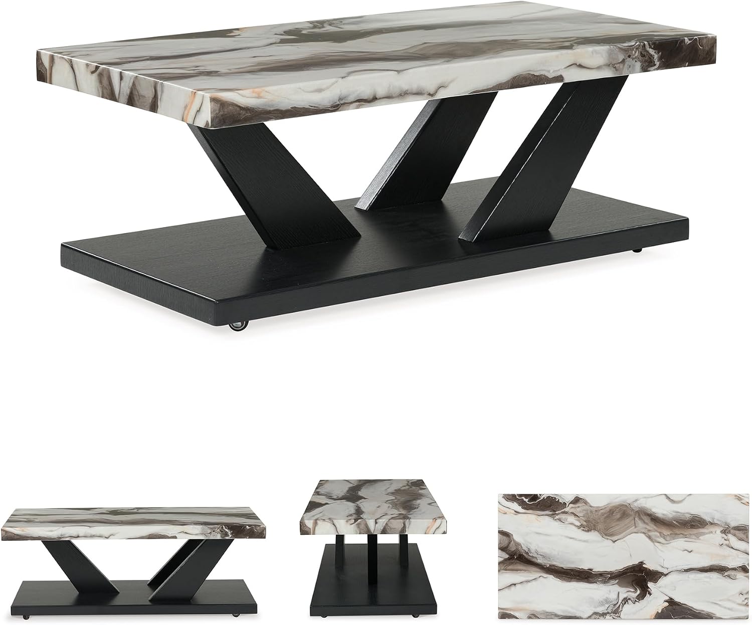 Signature Design by Ashley Cendill Contemporary Faux Marble Table with Casters, Set of 3, White & Black