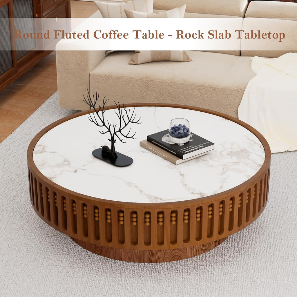 35.43' Round Fluted Coffee Table - Chic Handcraft Fluted Design Unique Contemporary Wood Low Circle Drum Tea Tables with Spacious Rock Slab Tabletop for Small Space (G 35.4in)