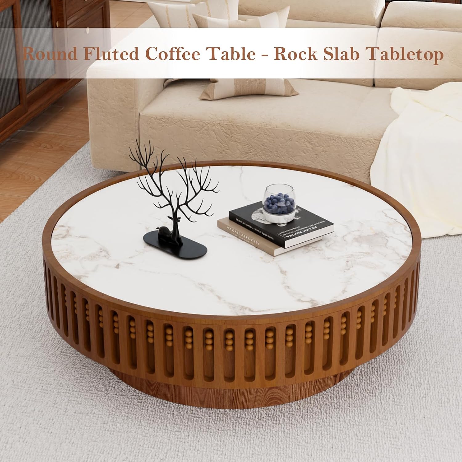 35.43' Round Fluted Coffee Table - Chic Handcraft Fluted Design Unique Contemporary Wood Low Circle Drum Tea Tables with Spacious Rock Slab Tabletop for Small Space (G 35.4in)