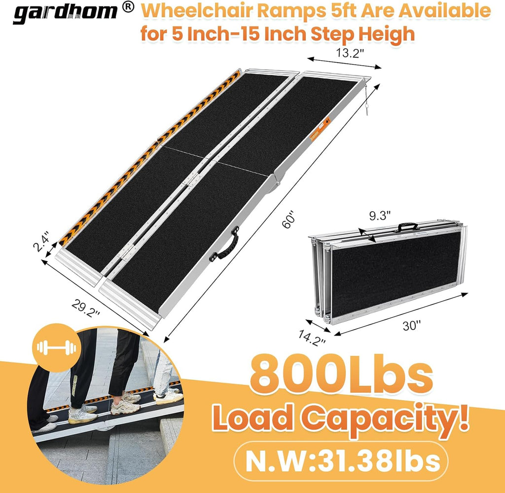 Bundled 2FT 5FT Ramp for Wheelchair for Home Steps, gardhom 800Lbs Load Capacity Anti-Slip Aluminum Portable Folding Handicap Ramp for Home Entrance Threshold Doorways Stairs Curbs Scooter