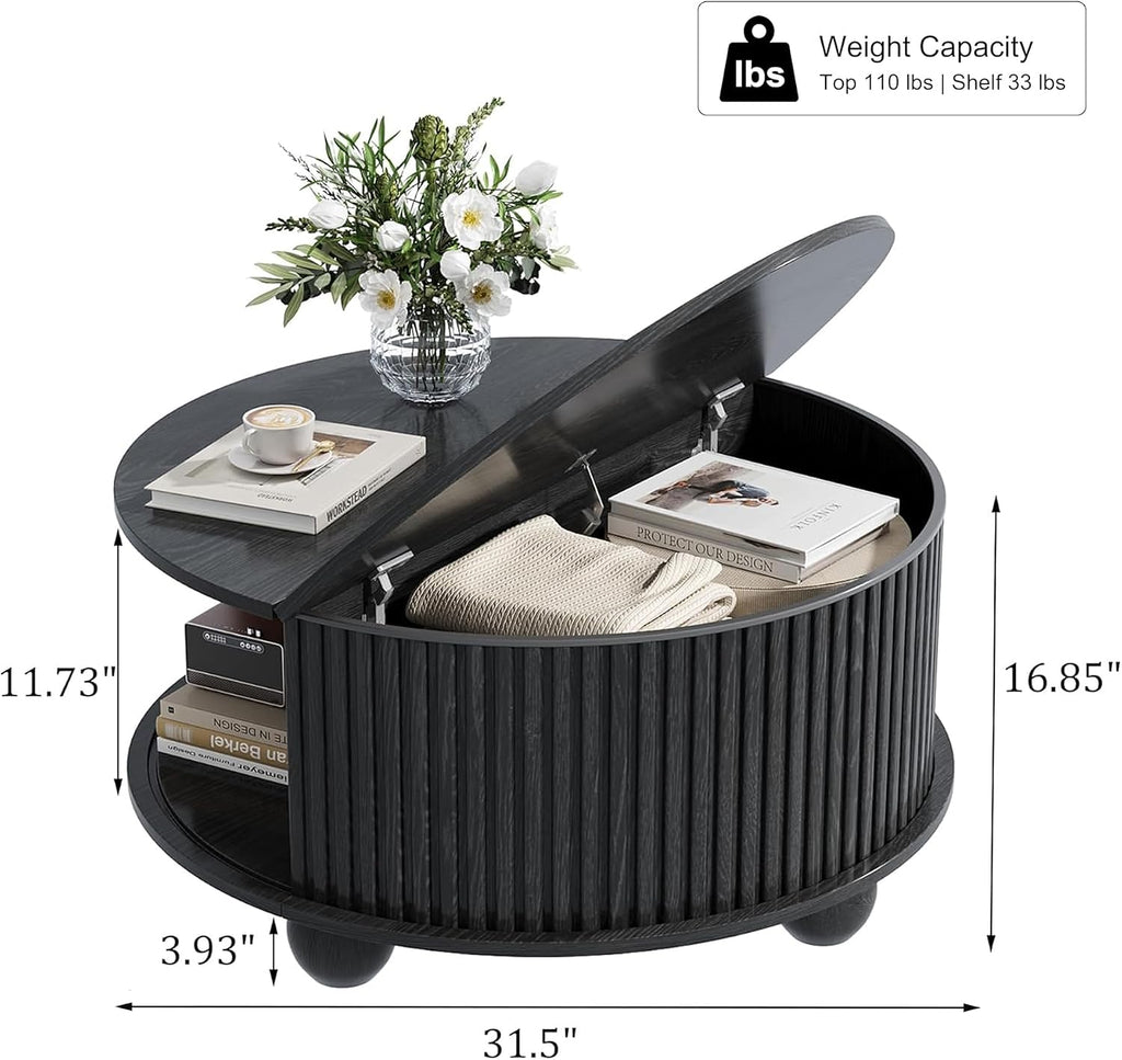 Round Coffee Table with Storage, Fluted Center Table with Sliding Tambour Door and Open Shelves, Mid Century Small Coffee Table for Living Room, Small Space, Black