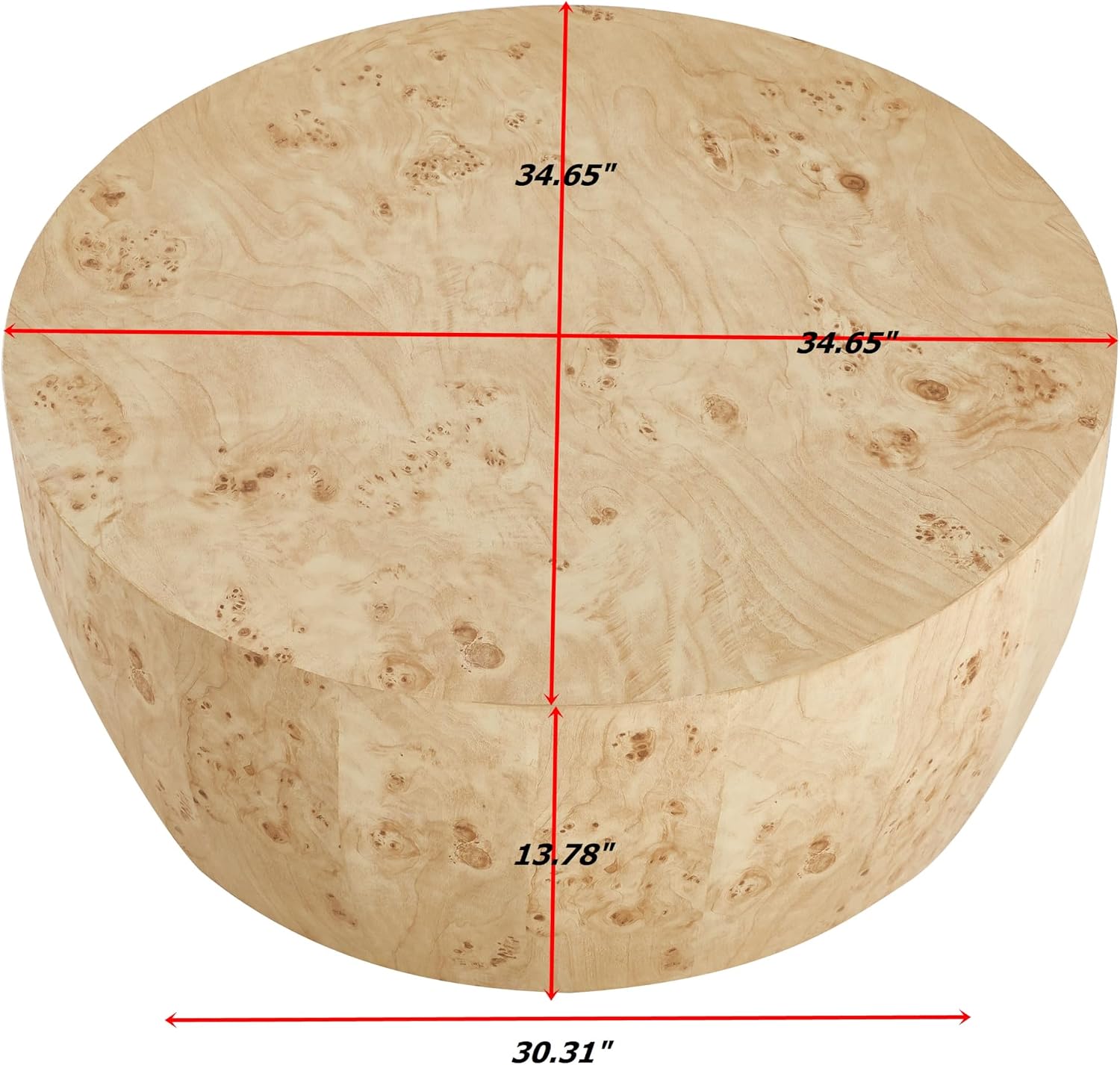 35' Rustic Drum Coffee Table for Living Room Round Center Table Modern Drum-Shape Wooden Cocktail Table for Home Office, Fully Assembled - Burl Wood Veneer Natural Color