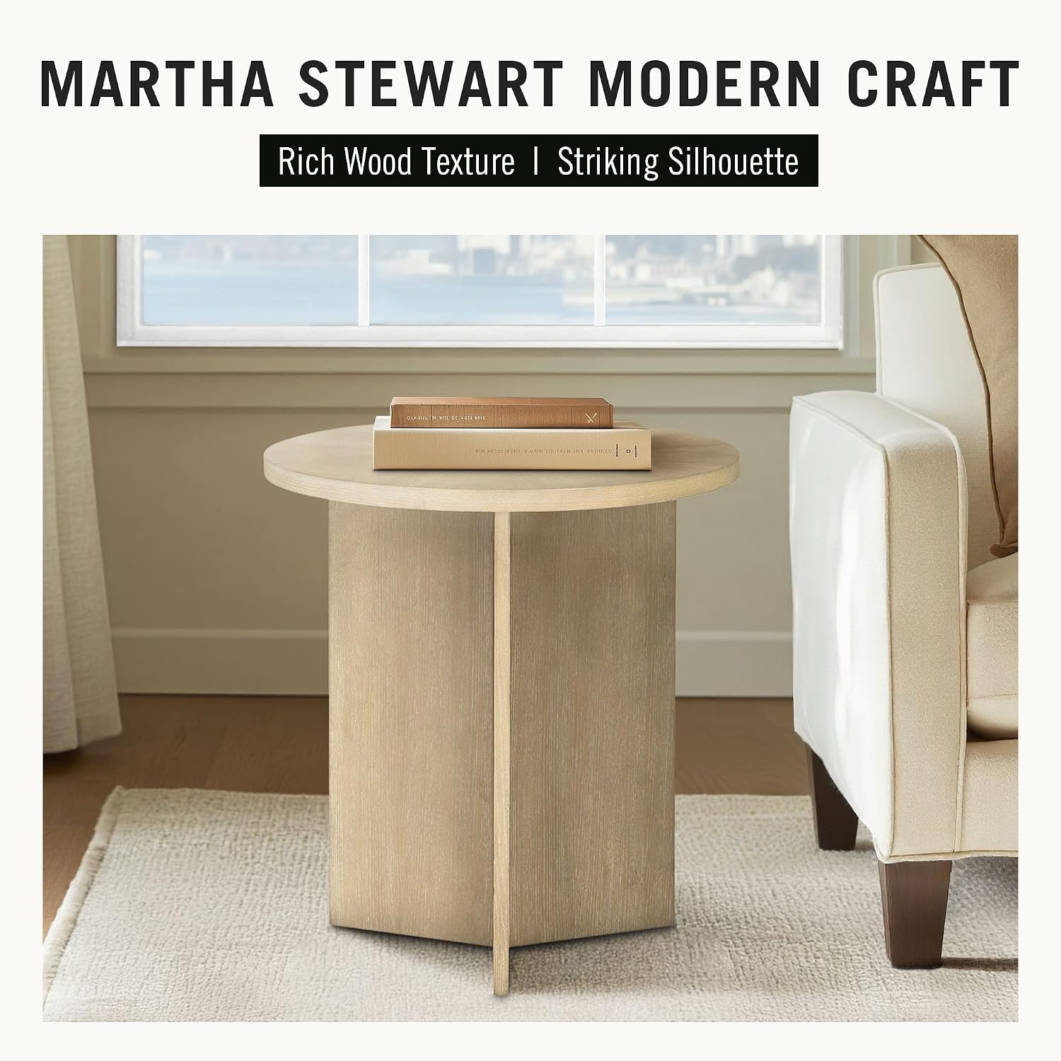 Martha Stewart Sadie Round Coffee Table – Starburst Veneer Top, Reclaimed Greige Wood Finish, Modern Accent for Living Room, Lounge, or Sitting Area, 22' x Dia 24' H