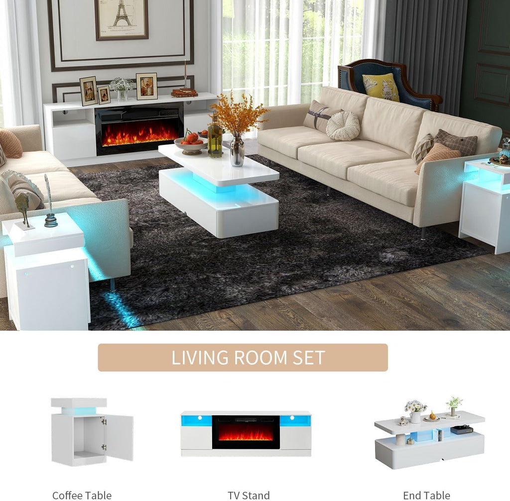 MXV 5-Piece Modern Table Set Includes 70' TV Stand with Fireplace, 40' Coffee Table, 6-Tier Bookcase and 2 End Tables with Charging Station, Living Room Table Sets in Distressed White
