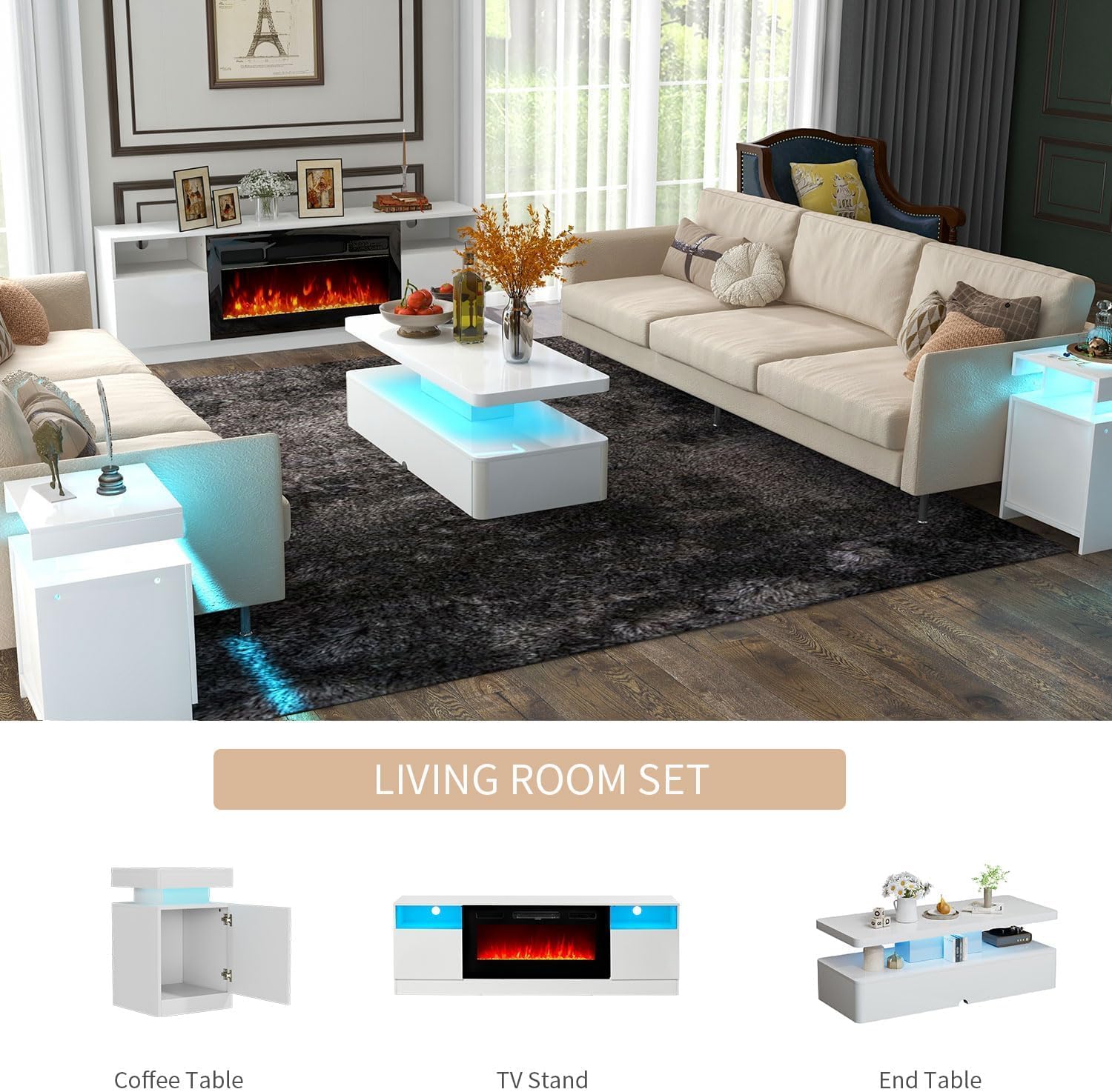MXV 5-Piece Modern Table Set Includes 70' TV Stand with Fireplace, 40' Coffee Table, 6-Tier Bookcase and 2 End Tables with Charging Station, Living Room Table Sets in Distressed White