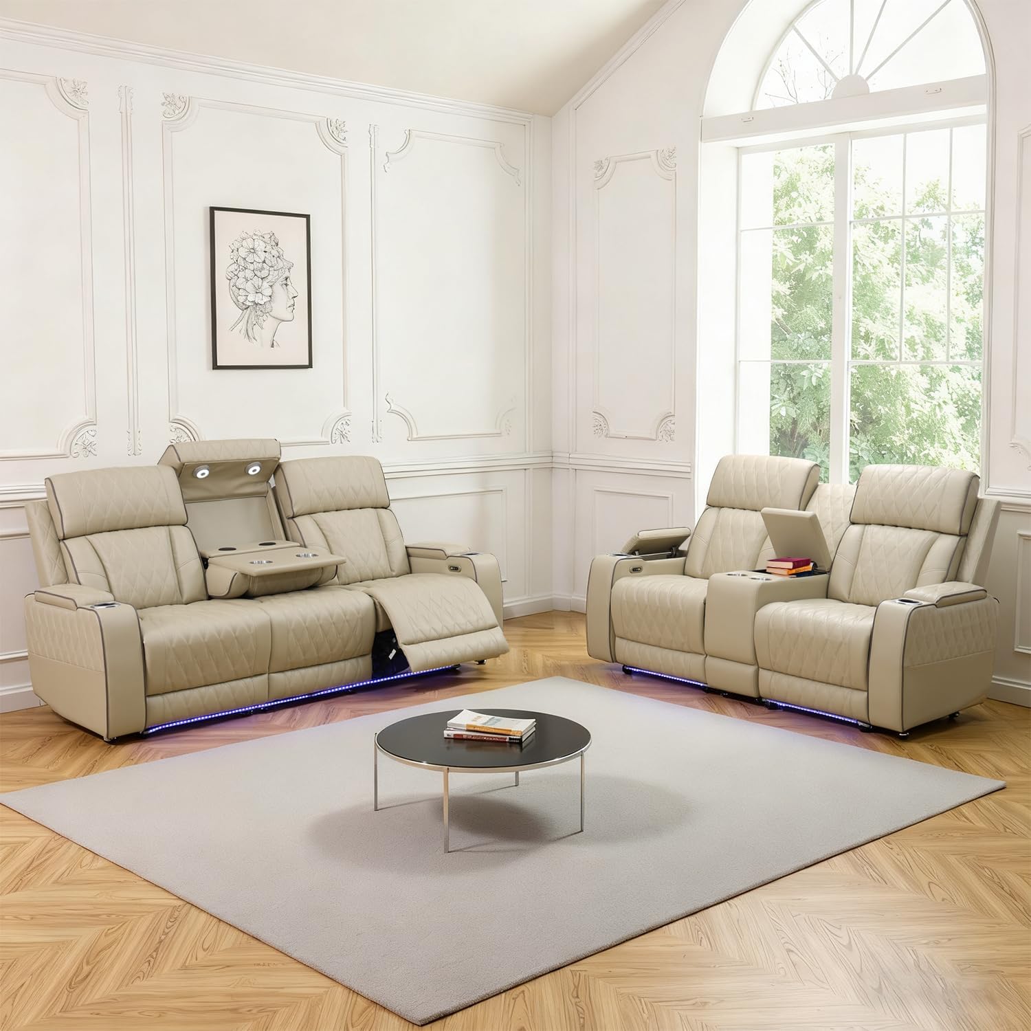 Power Recliner Sofa Set with LED Lights,Leather Reclining Couch and Loveseat Set with USB Port/Coffee Table/Cup Holder,Living Room Set with 4 Recliner Seats for House(2 Piece Set,Paddy)
