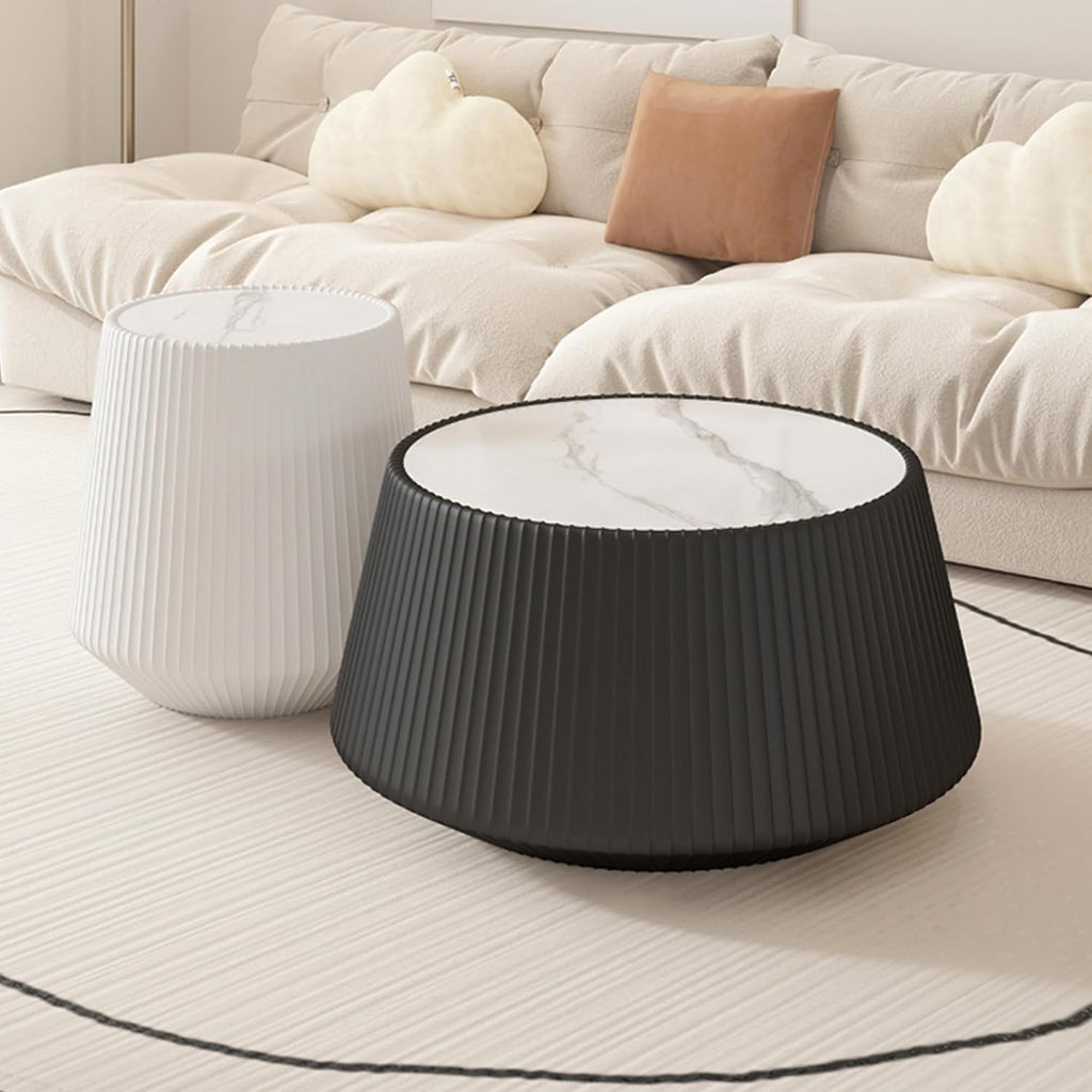26.77' Marble Coffee Table, Modern Cup Shaped Coffee Table with Sintered Stone Top and PU Leather Covered, Black Fluted Cocktail Center Tea Coffee Tables for Living Room,No Need Assembly