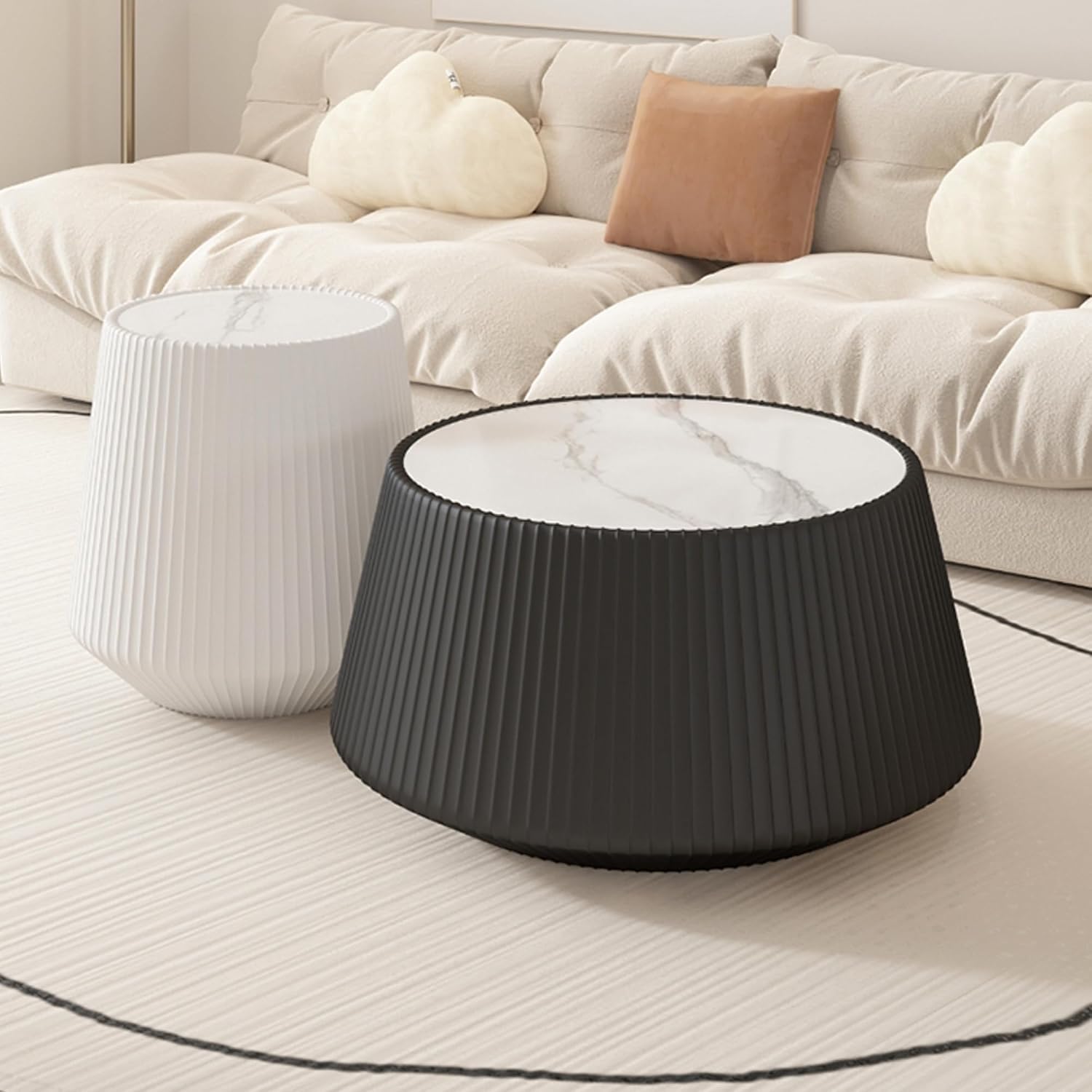 26.77' Marble Coffee Table, Modern Cup Shaped Coffee Table with Sintered Stone Top and PU Leather Covered, Black Fluted Cocktail Center Tea Coffee Tables for Living Room,No Need Assembly