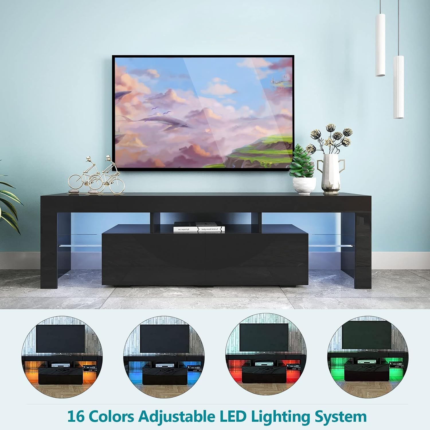 Black LED TV Stand for 50/60/70 Inch TVs with Color Change LED Lighting, Universal Entertainment Center for Video Gaming, Movies, and Home Decor, Clear Glass Shelving (Black3)