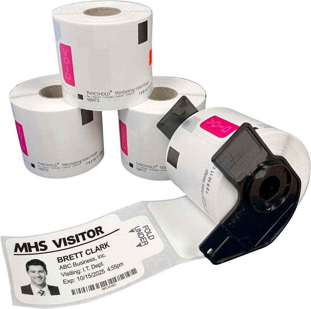 Threshold 3.25 Inch Tab Expiring Visitor Badges on a Roll | 4 Rolls (1,000 Badges) Compatible with Brother Direct Thermal Printers | Name Tag Stickers | Hospital, Office & Secretary Supplies