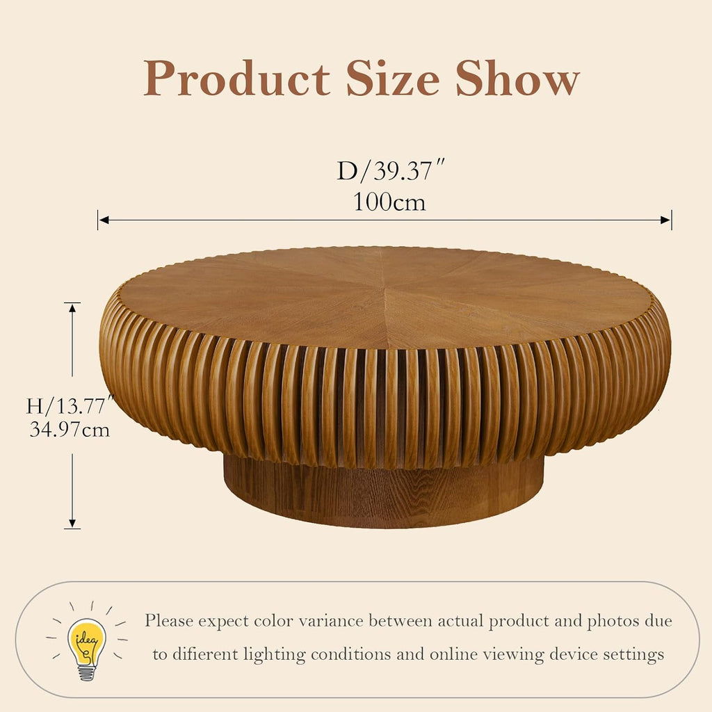 39.37' Round Fluted Coffee Table Unique Contemporary Wood Low Circle Drum Tea Tables with Sturdy Pedestal for Small Space (D Brown 39.37in)