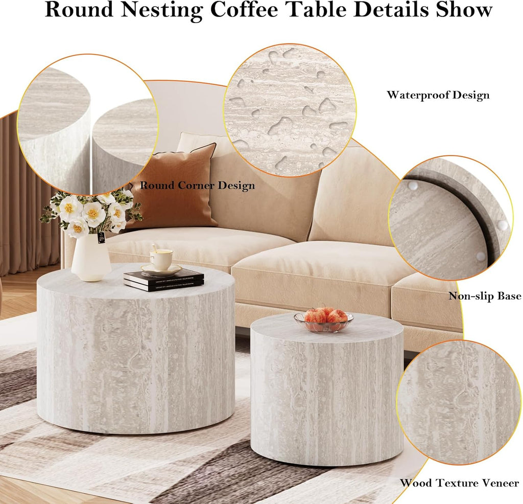 Round Nesting Coffee Table Modern Circular Small Nested End Table - Chic Wood Texture Veneer for Living Room Balcony Study (G 18.1+14.6in)