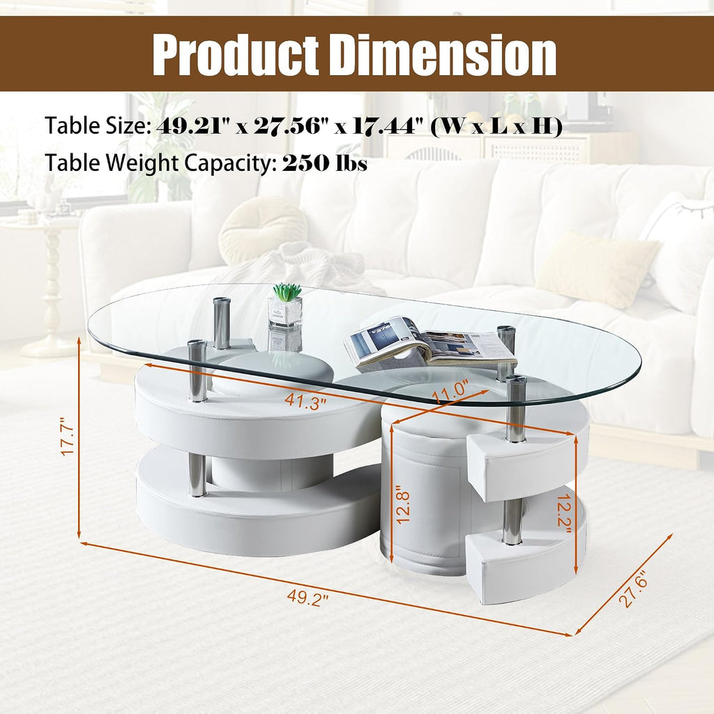 Glass Coffee Table Set with 2 Stools, 49' Oval Coffee Table with Tempered-Glass Table Top and 2 Leather Stools, Modern Center Table Set for Living Room, Home Office