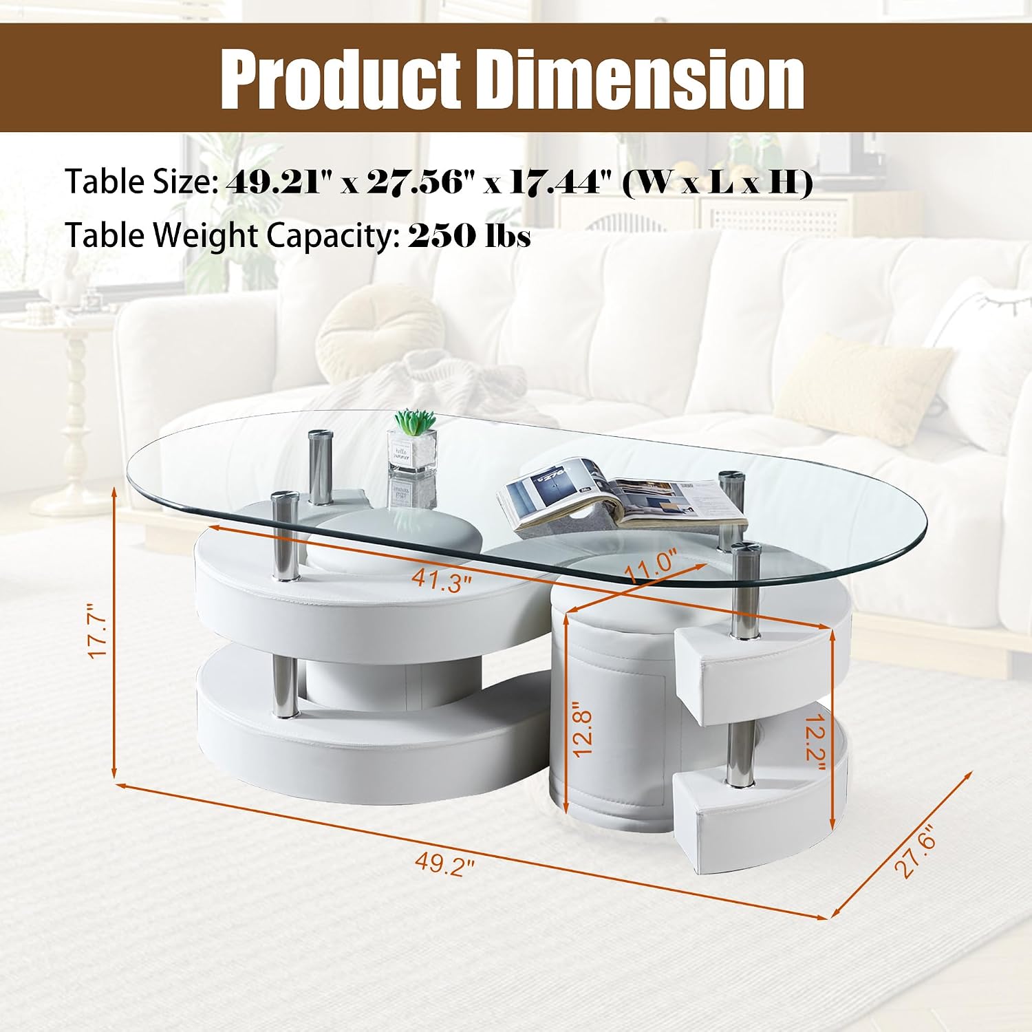 Glass Coffee Table Set with 2 Stools, 49' Oval Coffee Table with Tempered-Glass Table Top and 2 Leather Stools, Modern Center Table Set for Living Room, Home Office
