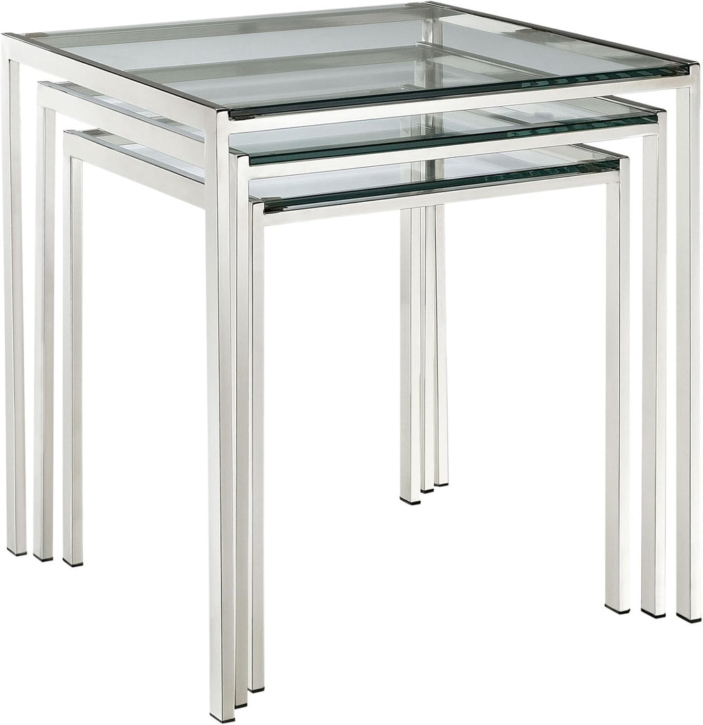 Modway Nimble Glass and Stainless Steel 3-Piece Side Nesting Table Set In Silver
