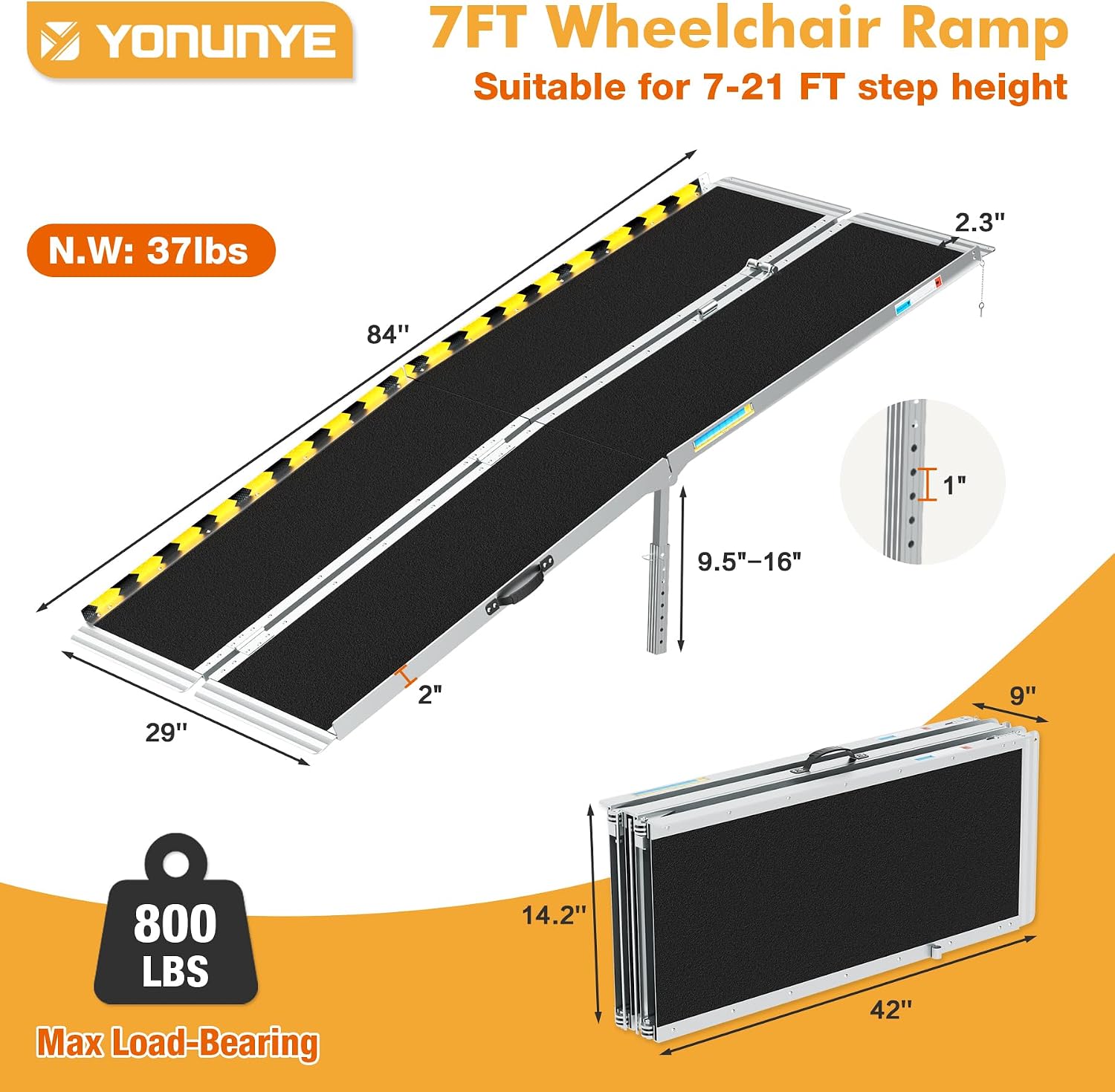 7FT Aluminum Wheelchair Ramp for 7' - 21' Steps – Folding, Non-Slip, 800lbs Capacity with Support Legs & Lock Portable Ramp for Home, Garage, Car, Pet, Stroller, Electric Scooter.