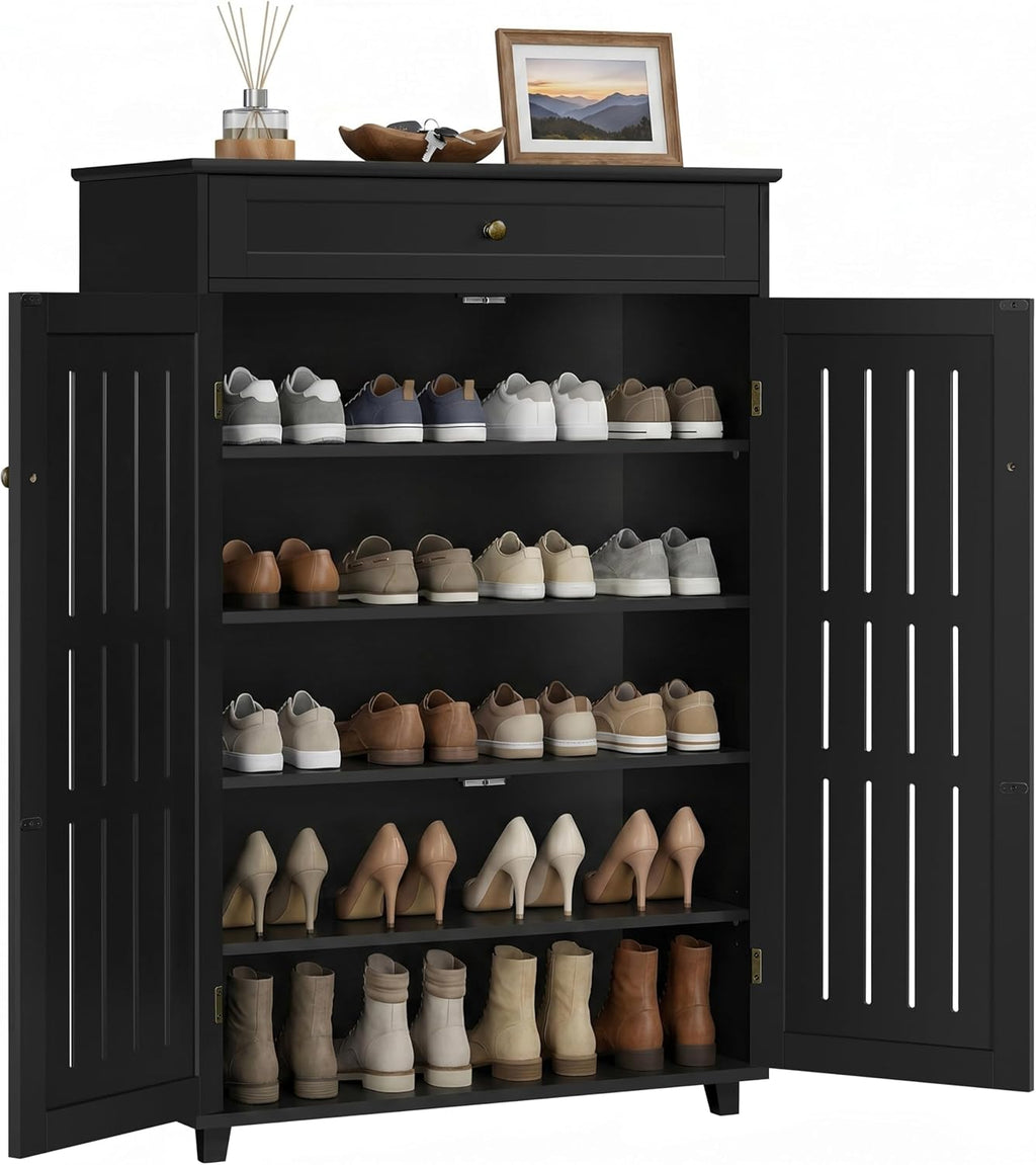 Yaheetech Shoe Cabinet, 5-Tier Shoe Rack Organizer with 1 Drawer, Freestanding Wooden Shoe Storage Cabinet with 2 Louvered Door & Adjustable Shelves for Entryway Hallway, Black