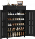 Yaheetech Shoe Cabinet, 5-Tier Shoe Rack Organizer with 1 Drawer, Freestanding Wooden Shoe Storage Cabinet with 2 Louvered Door & Adjustable Shelves for Entryway Hallway, Black