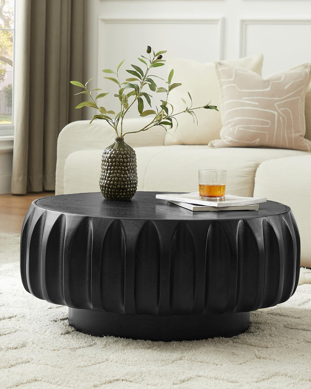 31.5' Drum Coffee Table Modern Unique Fluted Tea Table Contemporary Wood Round Coffee Table with Fluted Centry Table for Living Room Black