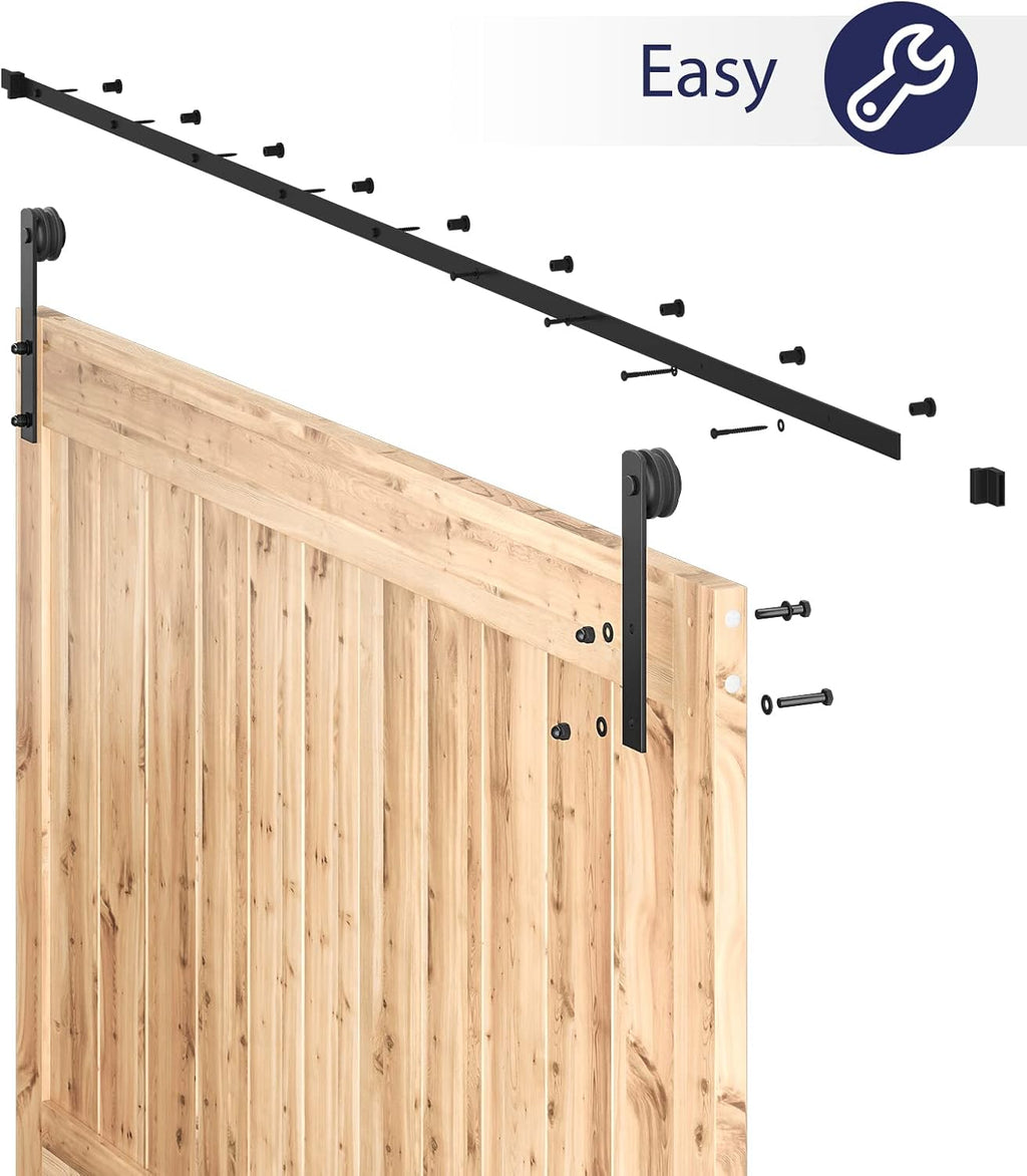 SMARTSTANDARD 12 FT Heavy Duty Sturdy Sliding Barn Door Hardware Kit, Black, (Whole Set Includes 1x Pull Handle Set & 1x Floor Guide) Fit 72' Wide Door Panel (I Shape Hanger)