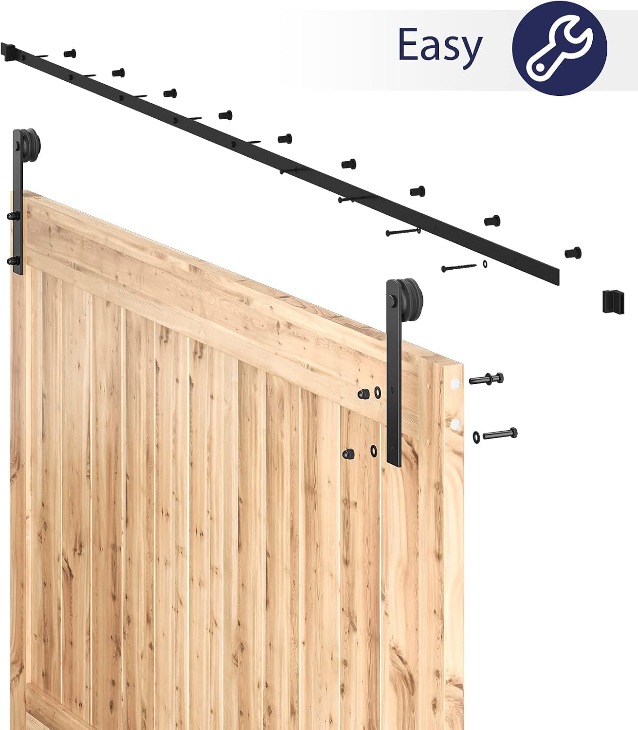 SMARTSTANDARD 12 FT Heavy Duty Sturdy Sliding Barn Door Hardware Kit, Black, (Whole Set Includes 1x Pull Handle Set & 1x Floor Guide) Fit 72' Wide Door Panel (I Shape Hanger)