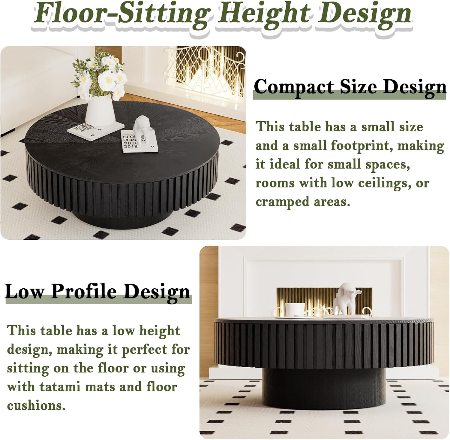 Round Coffee Table with Storage Modern Round Storage Coffee Table Black Fluted Drum Coffee Table Low Circle Coffee Tables for Living Room (Black B, 31.4')