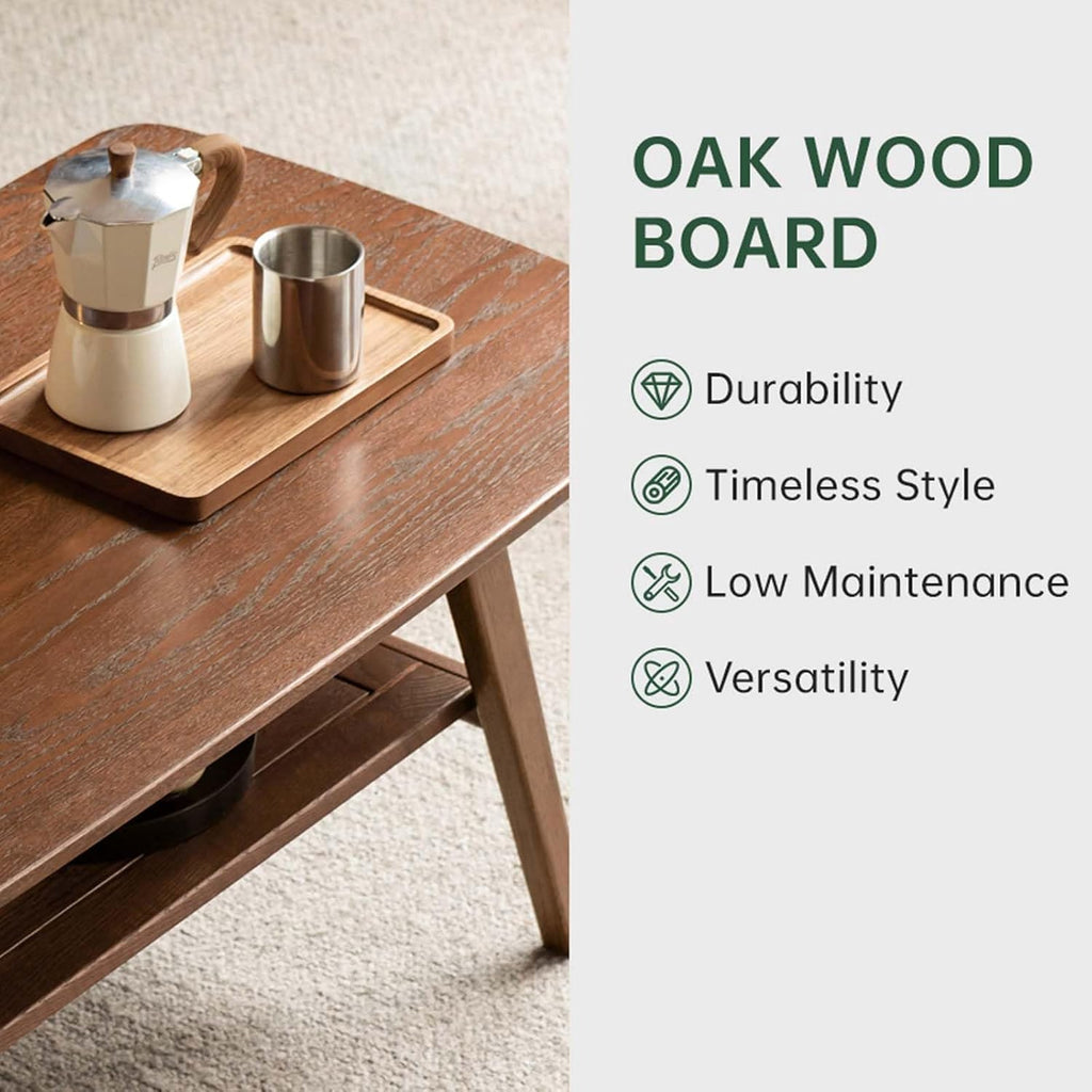 100% Solid Wood Coffee Table for Living Room, 31.5' Small Tables with Shelf Storage, Mid Century Modern Storage Coffee Table with Rounded Corners (Oak Wood Walnut Color)