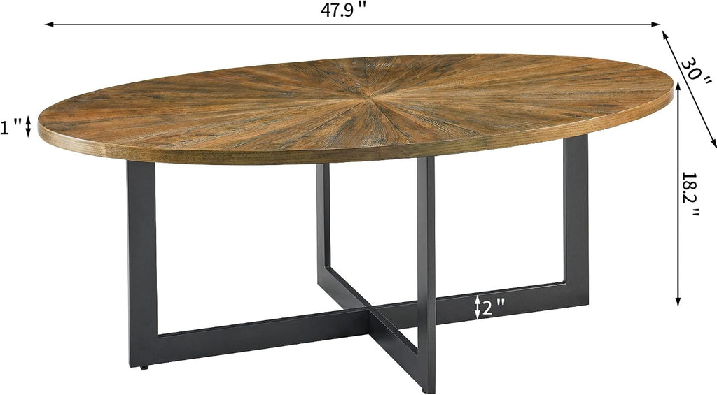 Solid Wood Oval Coffee Table with Cross Metal Legs, 47.9' Industrail Bar Cocktail Table for Living Room Kitchen Office Sofa Table Bristro Table for Cafe/Bar Rustic Brown 1831