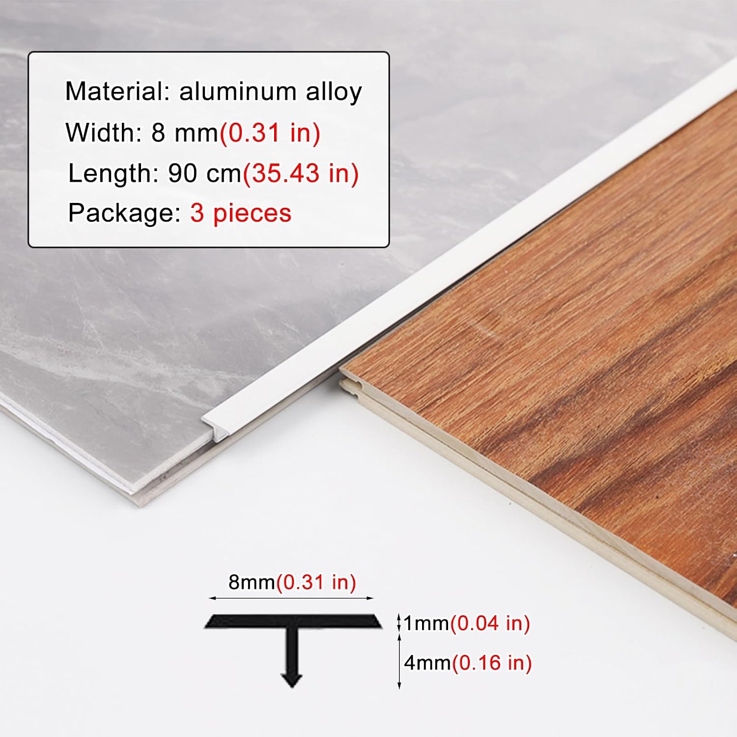 Floor Transition Strip 3pcs, T Molding Aluminum Alloy Threshold, Doorway Edge Trim Seam Cover, Decorative Wall Strip for Wood to Tile