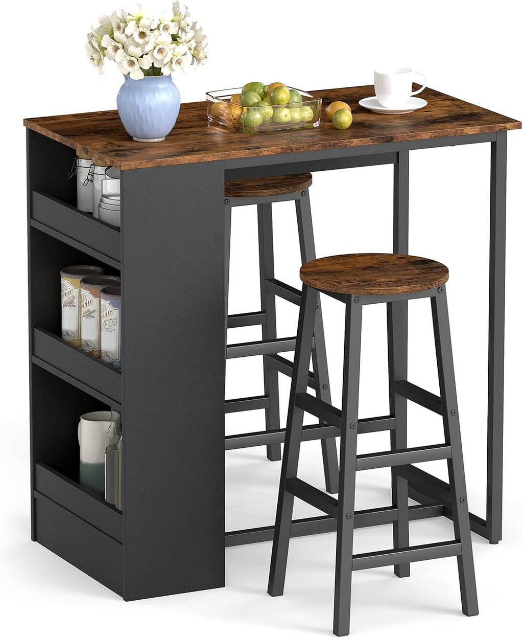 COSTWAY 3-Piece Bar Table Set, 36' Counter Height Breakfast Table with 3 Storage Shelves & 2 Round Stools, Rectangular Kitchen Table Set for 2, for Dining Room, Living Room, Rustic Brown and Black